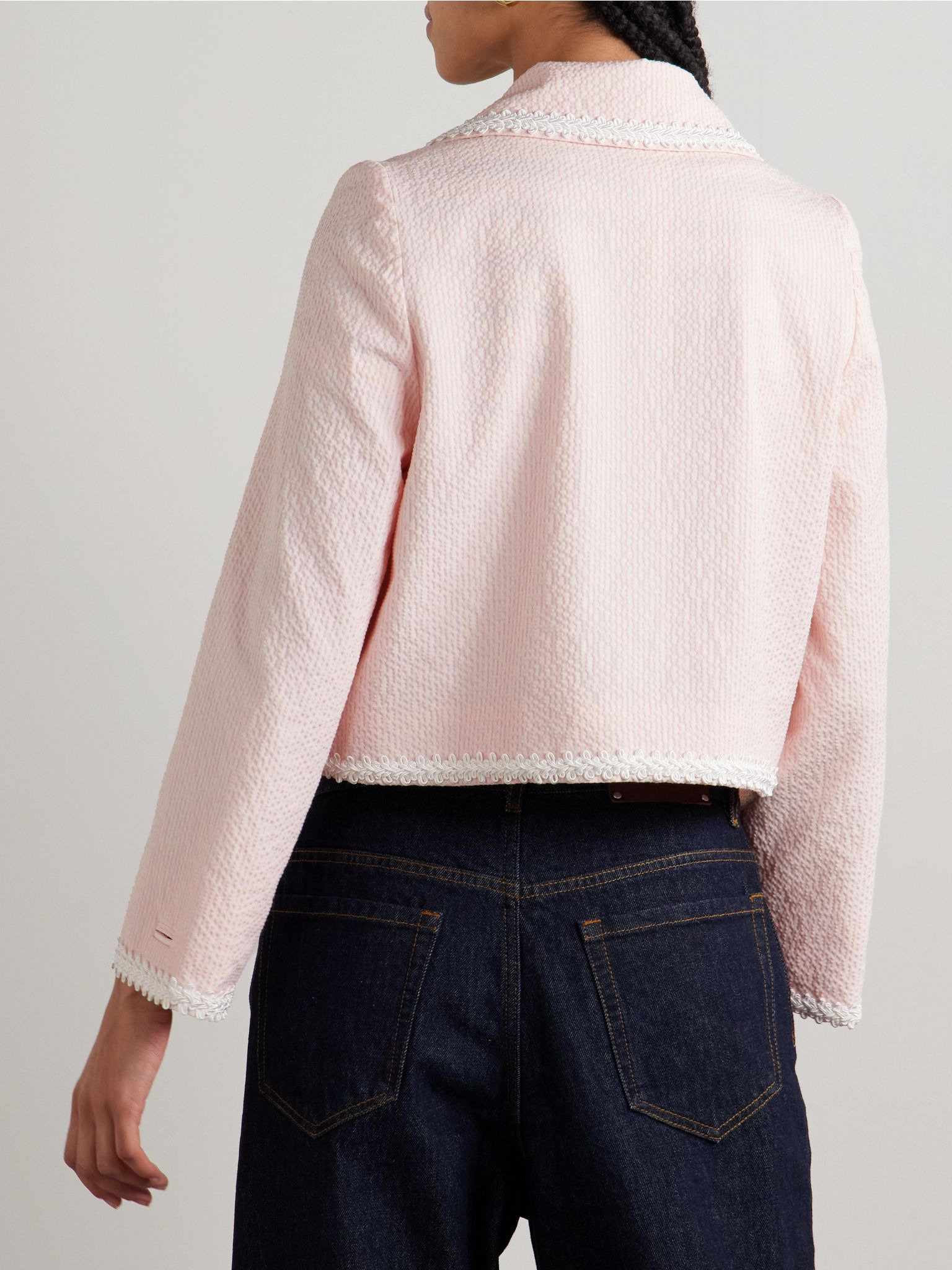 Cropped appliquéd striped cotton-blend seersucker jacket Baby pink - 4