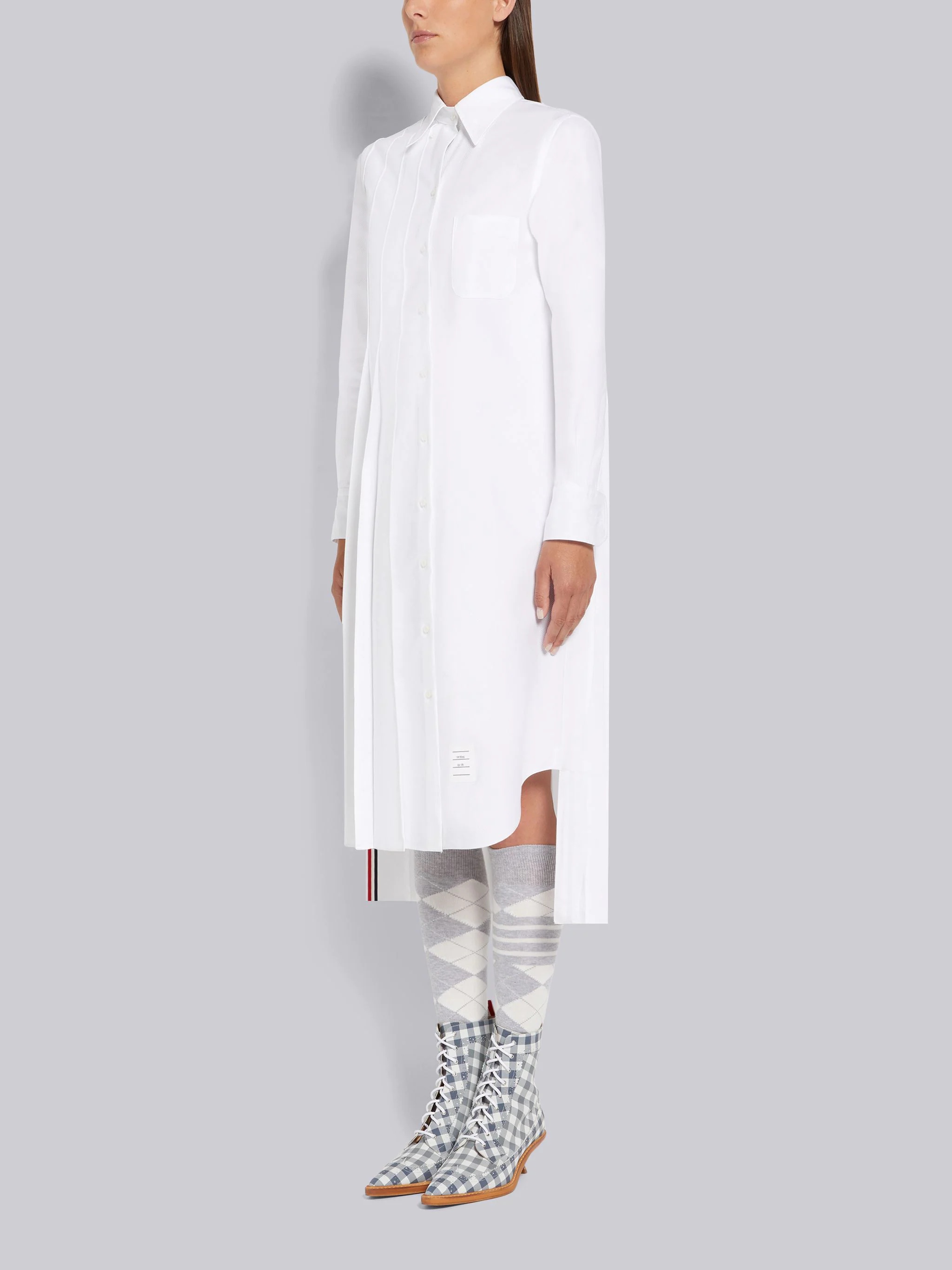 White Oxford Half Pleated Below the Knee Shirtdress - 2