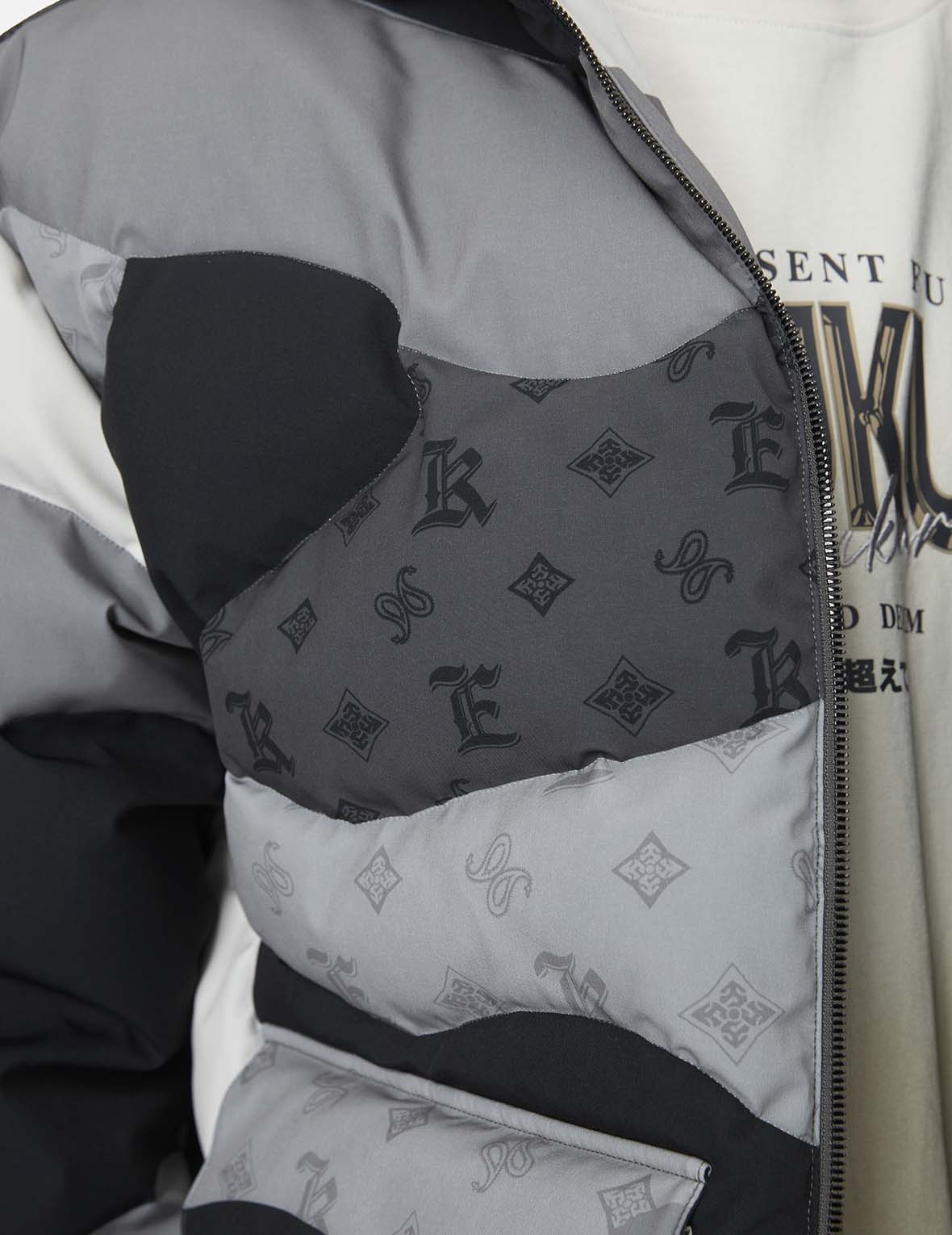 Quilted Camouflage Panels and Allover Logo Print Loose Fit Down Jacket - 5