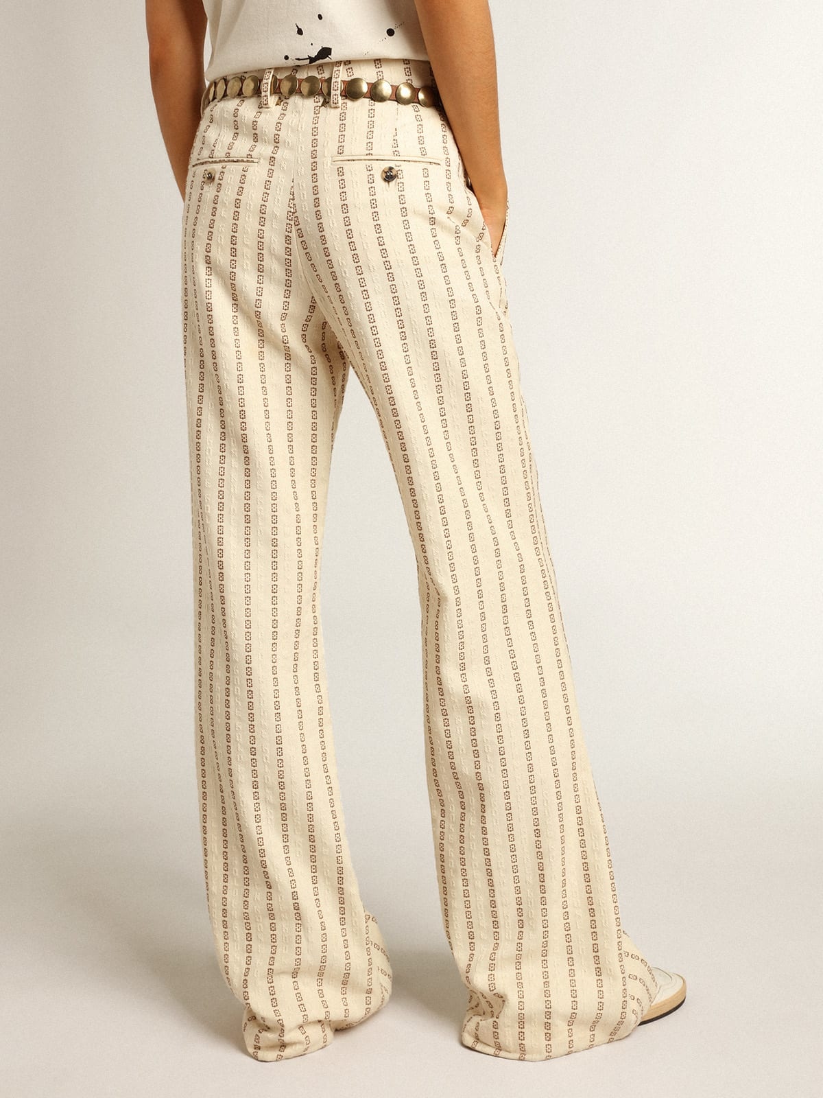 Cream-colored cotton pants with jacquard motif - 4