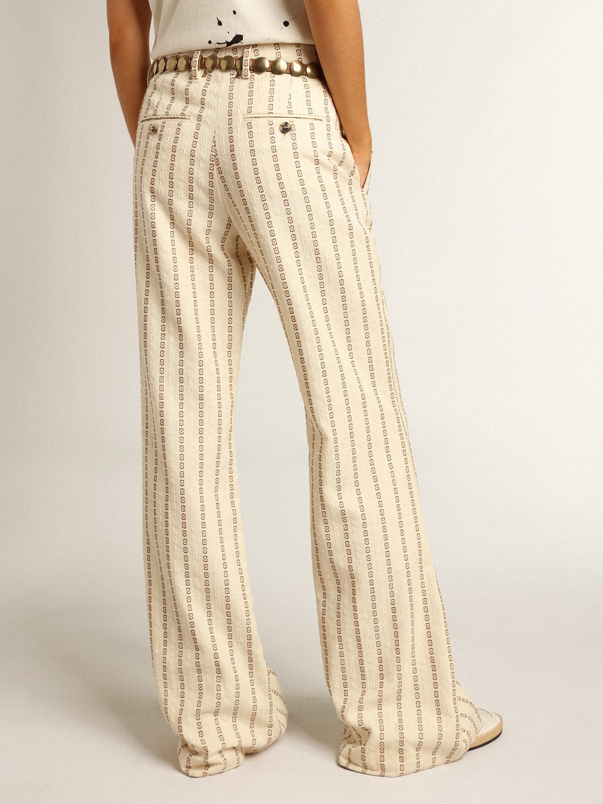 Women’s pants in beige and brown wool and silk blend fabric