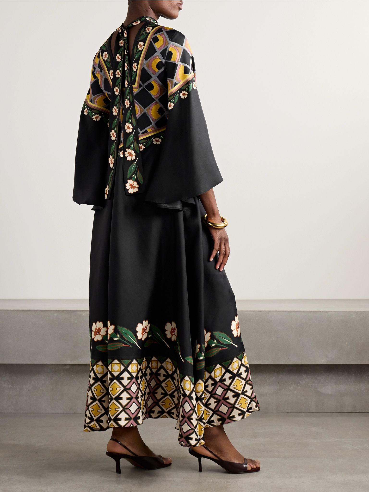 Magnifico tie-neck printed silk-twill maxi dress Black - 3