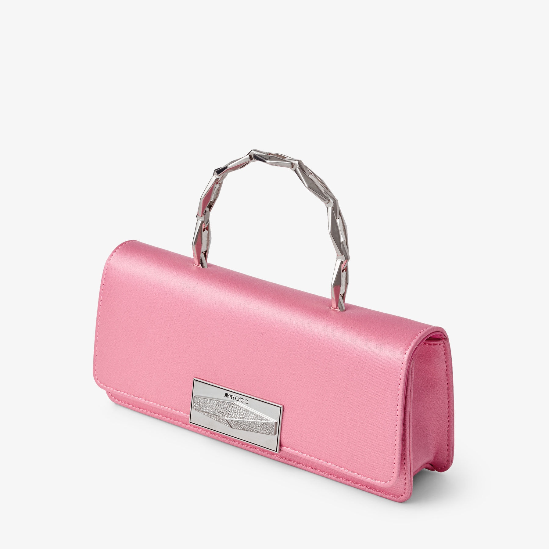 Diamond Chain Top Handle
Candy Pink Satin Top Handle Bag with Diamond Pave Lock - 2