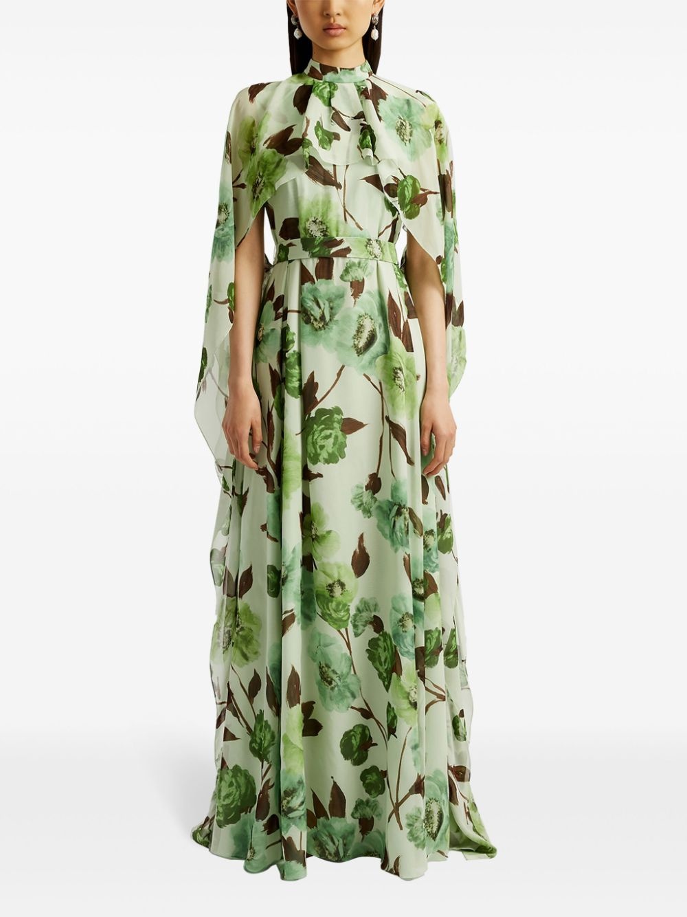 floral-print cape-design silk dress - 3