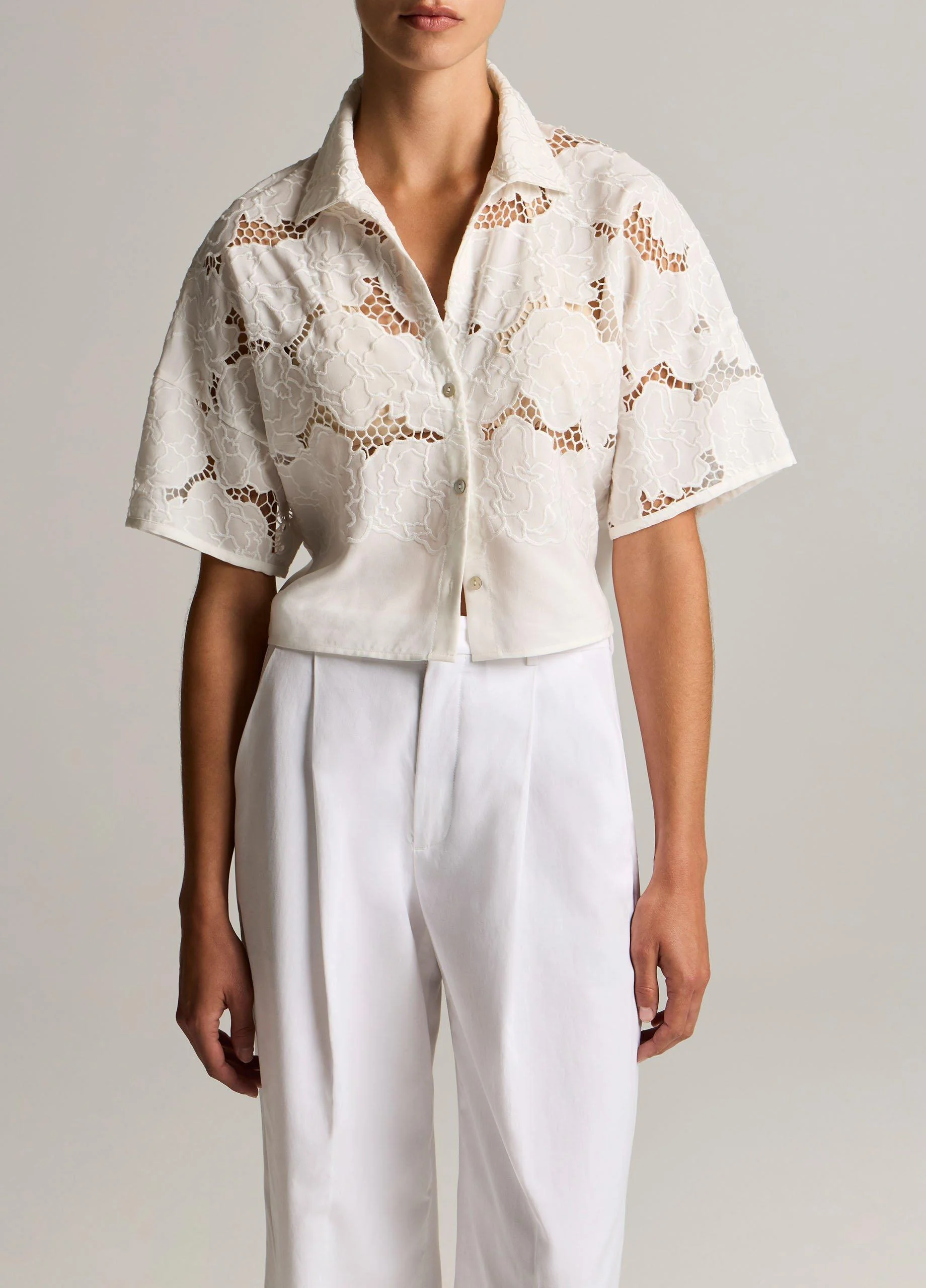 Lace Cropped Short-Sleeve Shirt - 1