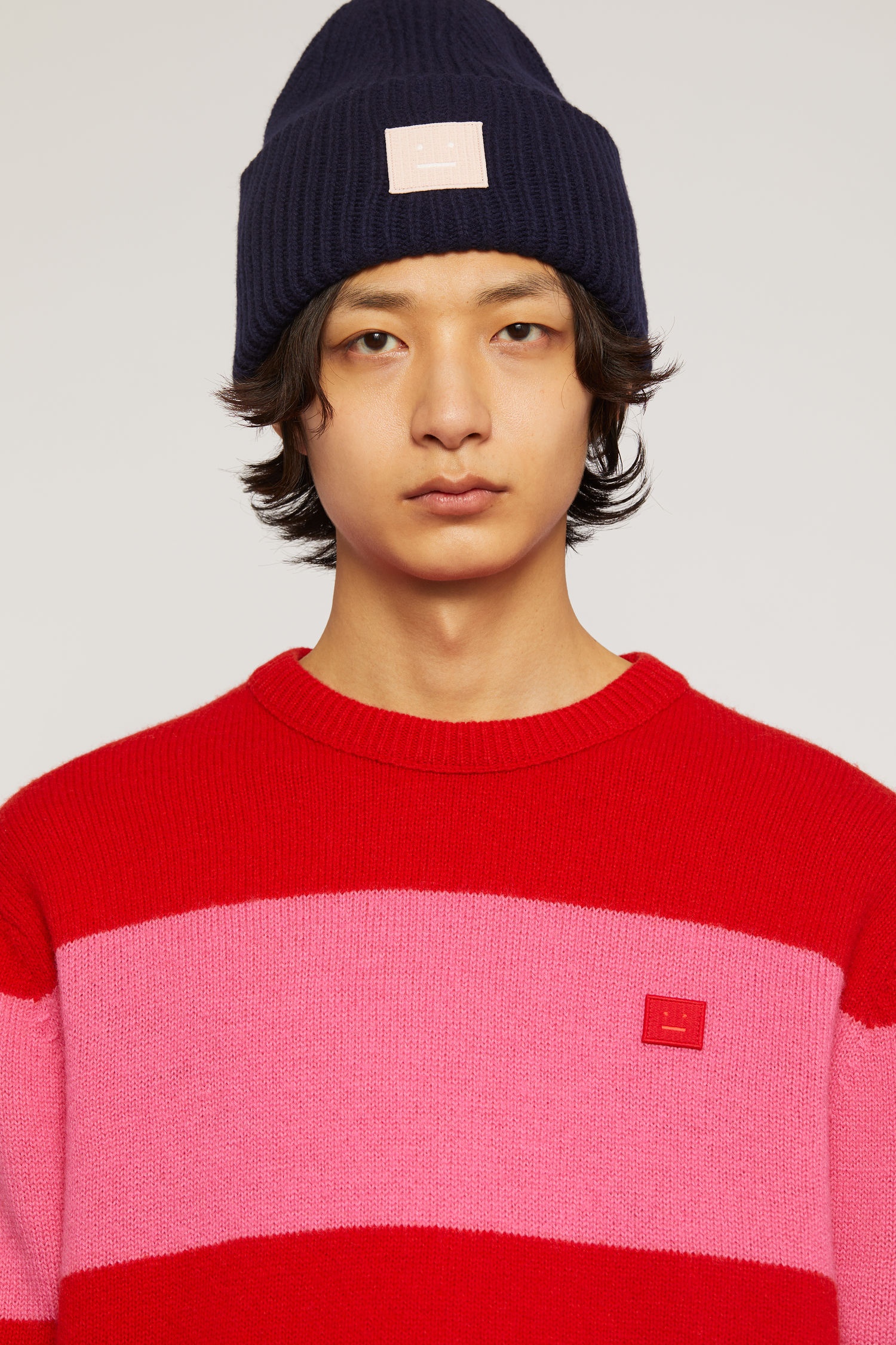 Rib knit beanie hat navy/pink - 2