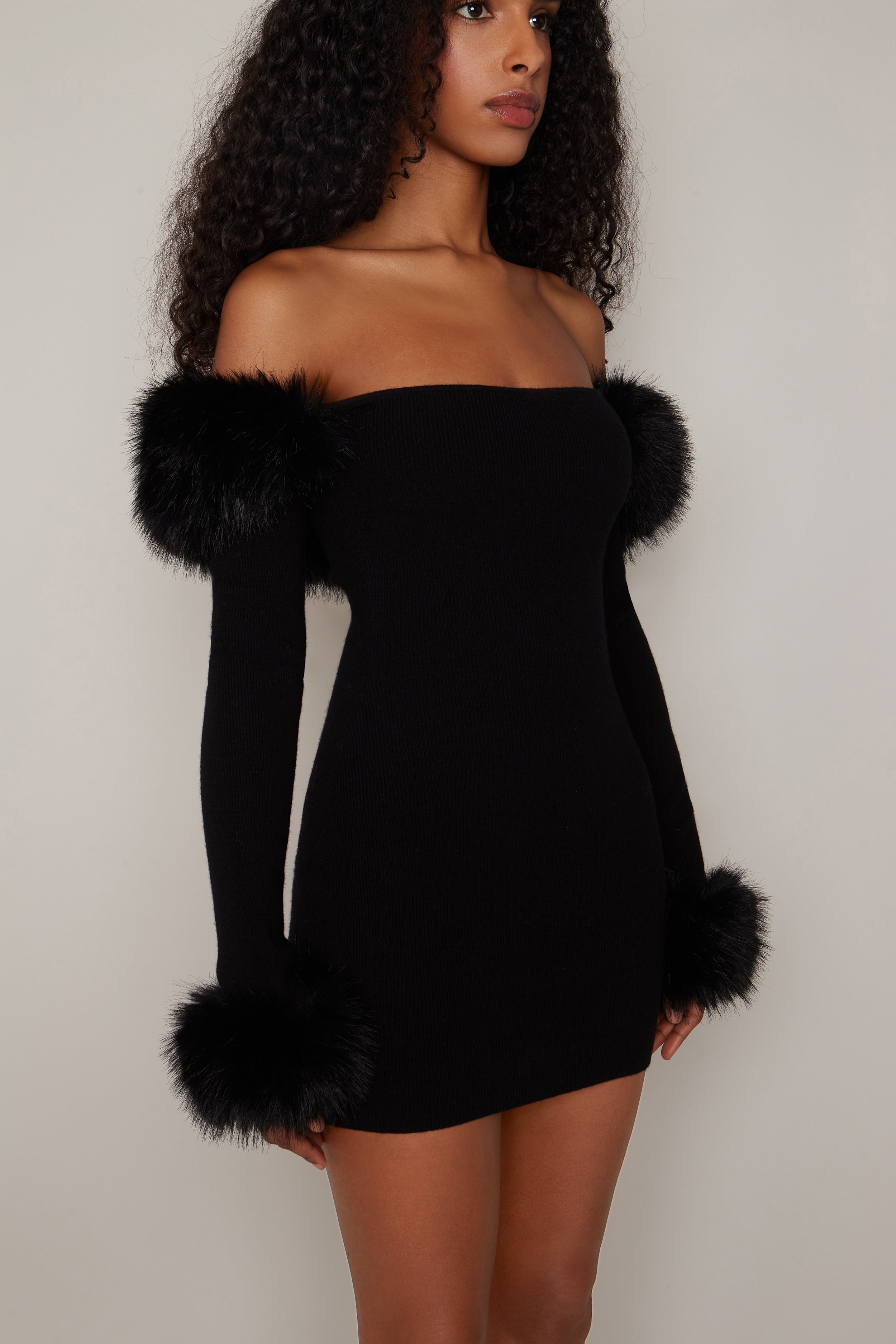 FAUX FUR OFF THE SHOULDER MINI DRESS - 6