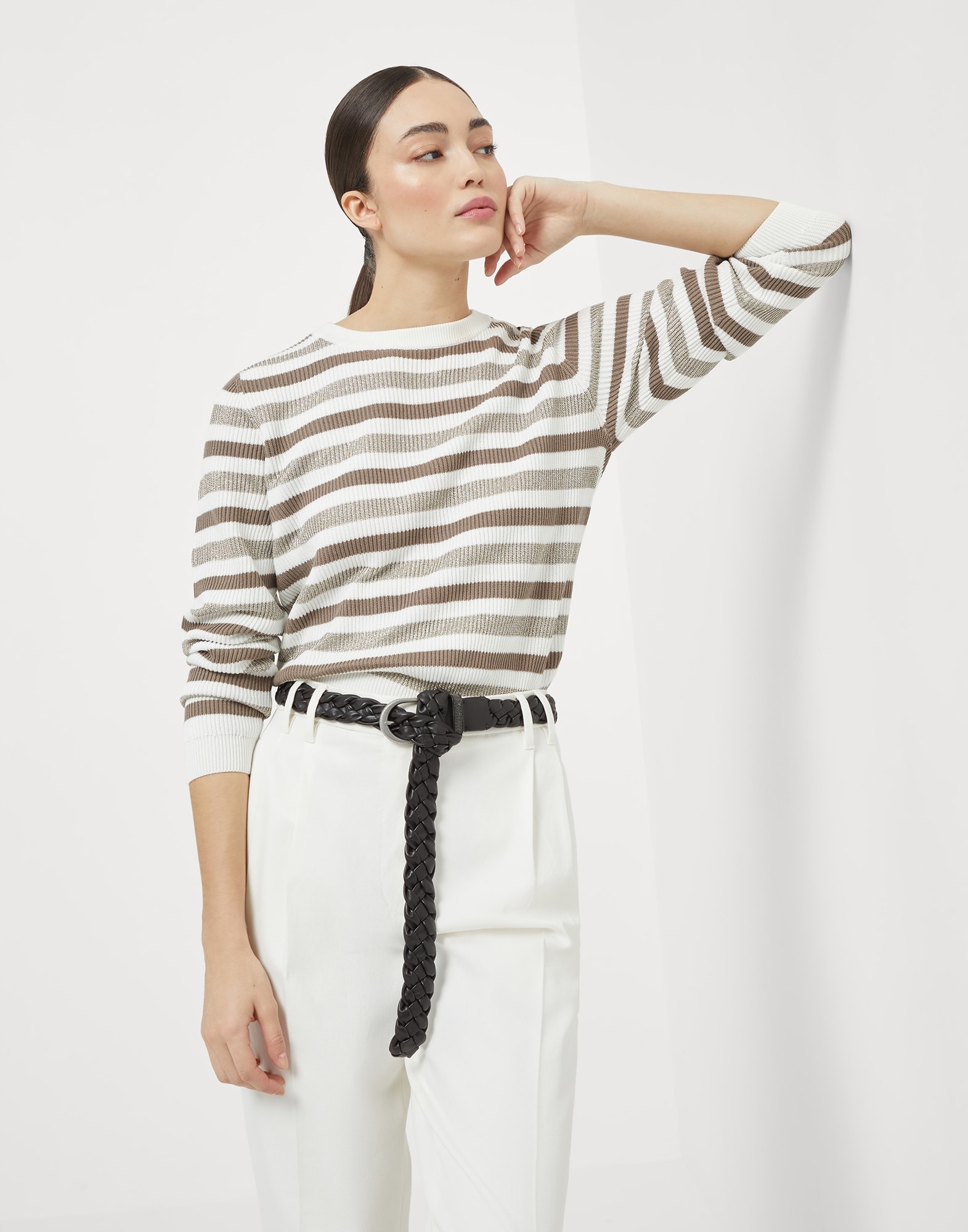 Sparkling striped cotton sweater with monili - 4