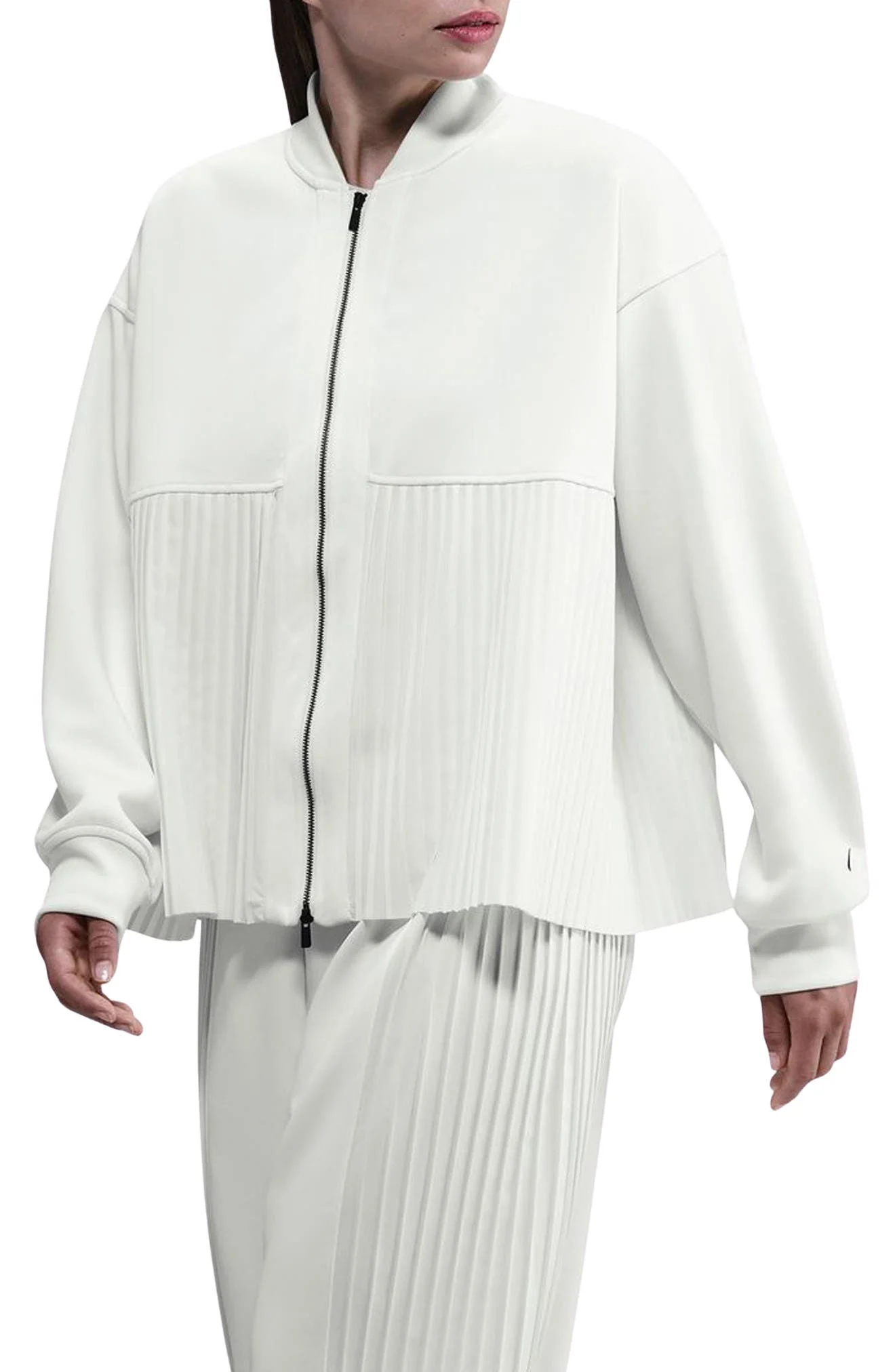 Nike Sportswear Mixed Media Pleated Bomber Jacket in Sail/Black at Nordstrom - 1