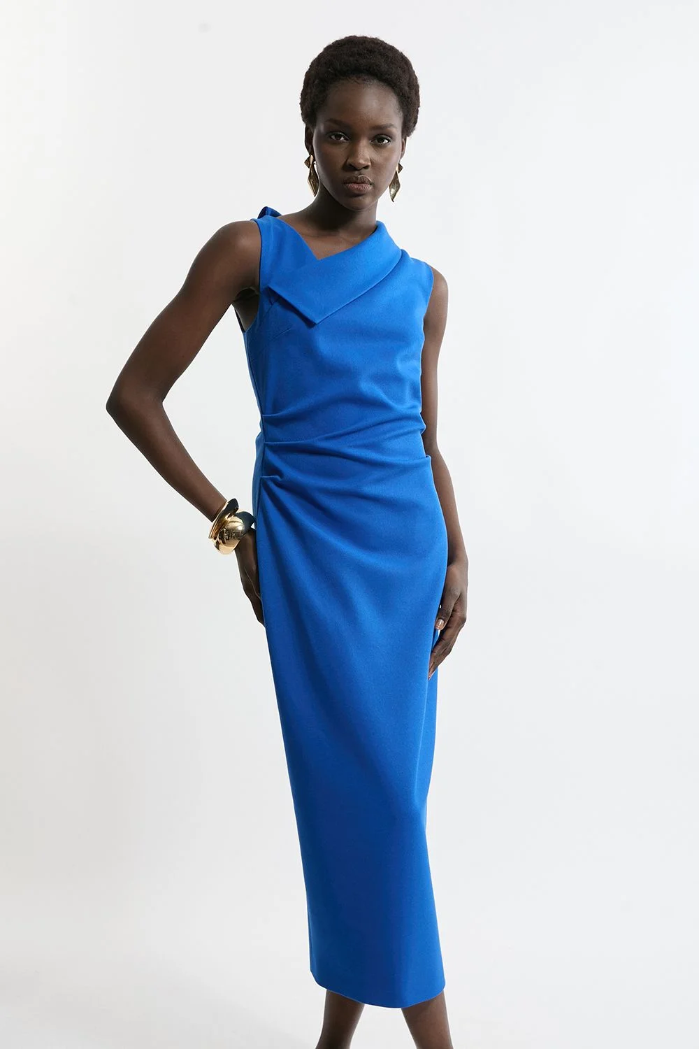 Structured Crepe Full Skirted Tailored Asymmetrical Maxi Dress - 1