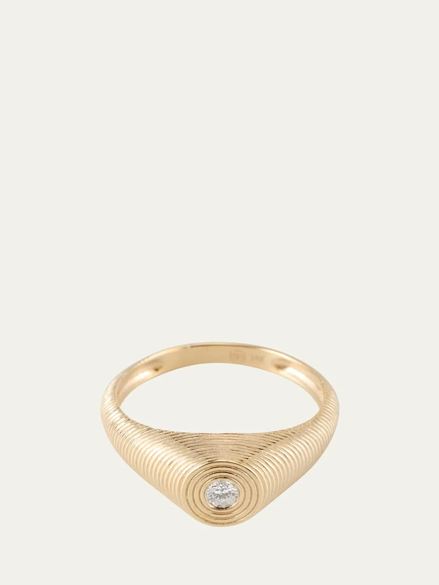14k Fluted Diamond Signet Ring - 1