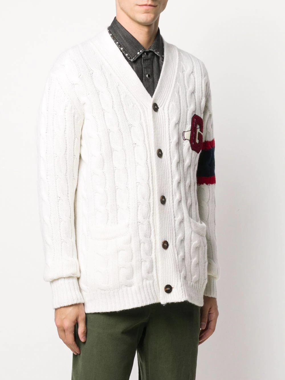 logo patch cable knitted cardigan  - 3