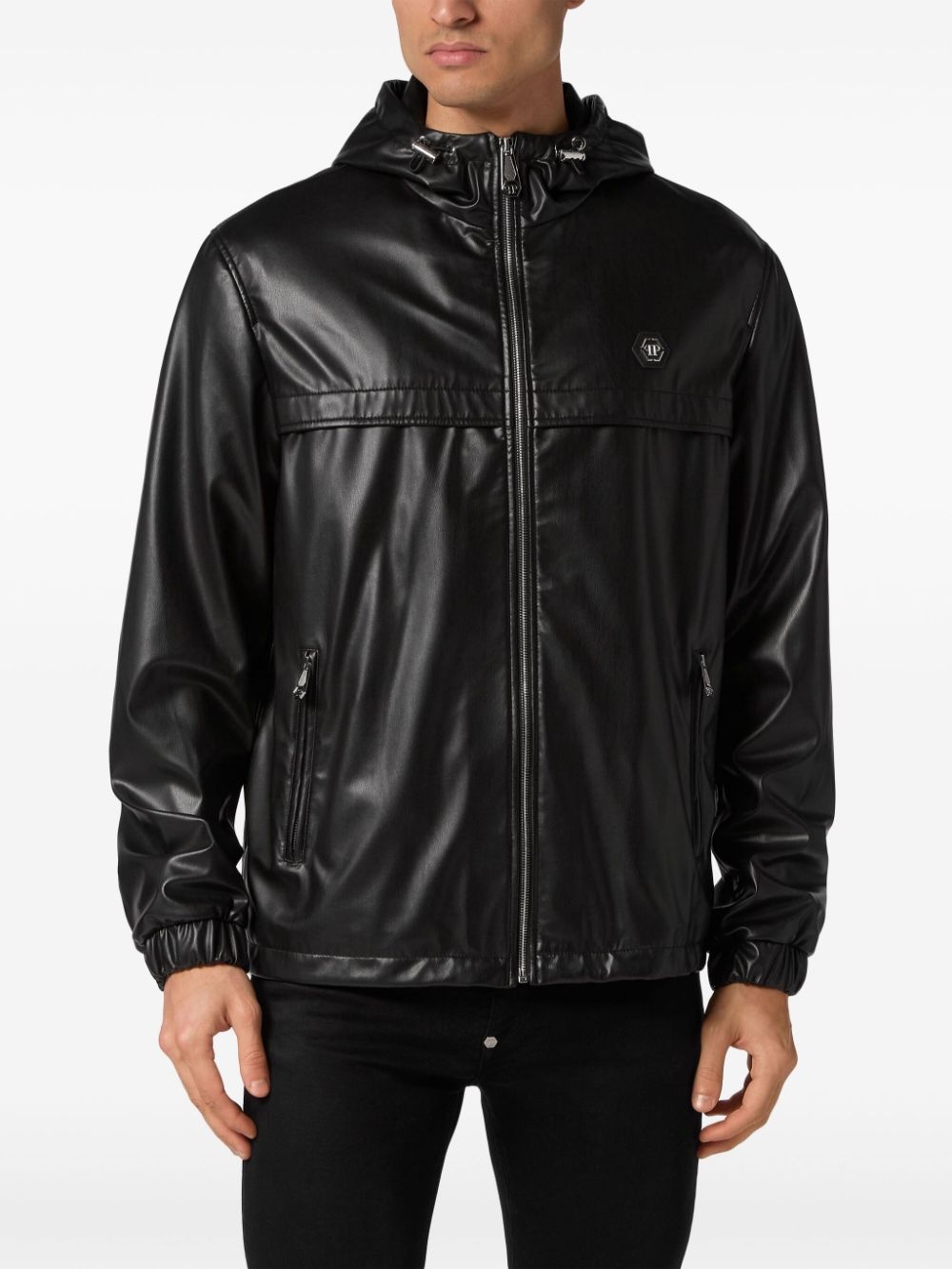 logo-appliquÃ© hooded leather jacket - 3