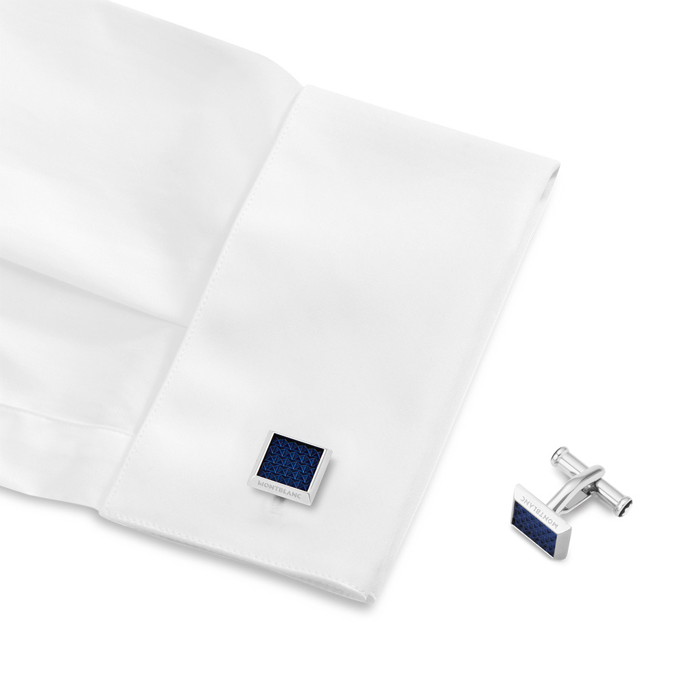 Cufflinks, rectangular in stainless steel with blue patterned inlay - 2