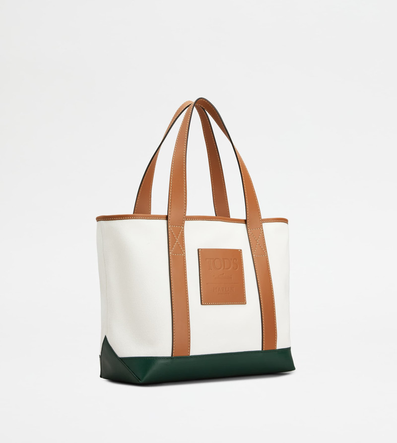 Tod's SHOPPING BAG IN CANVAS AND LEATHER SMALL - WHITE, GREEN, BROWN outlook