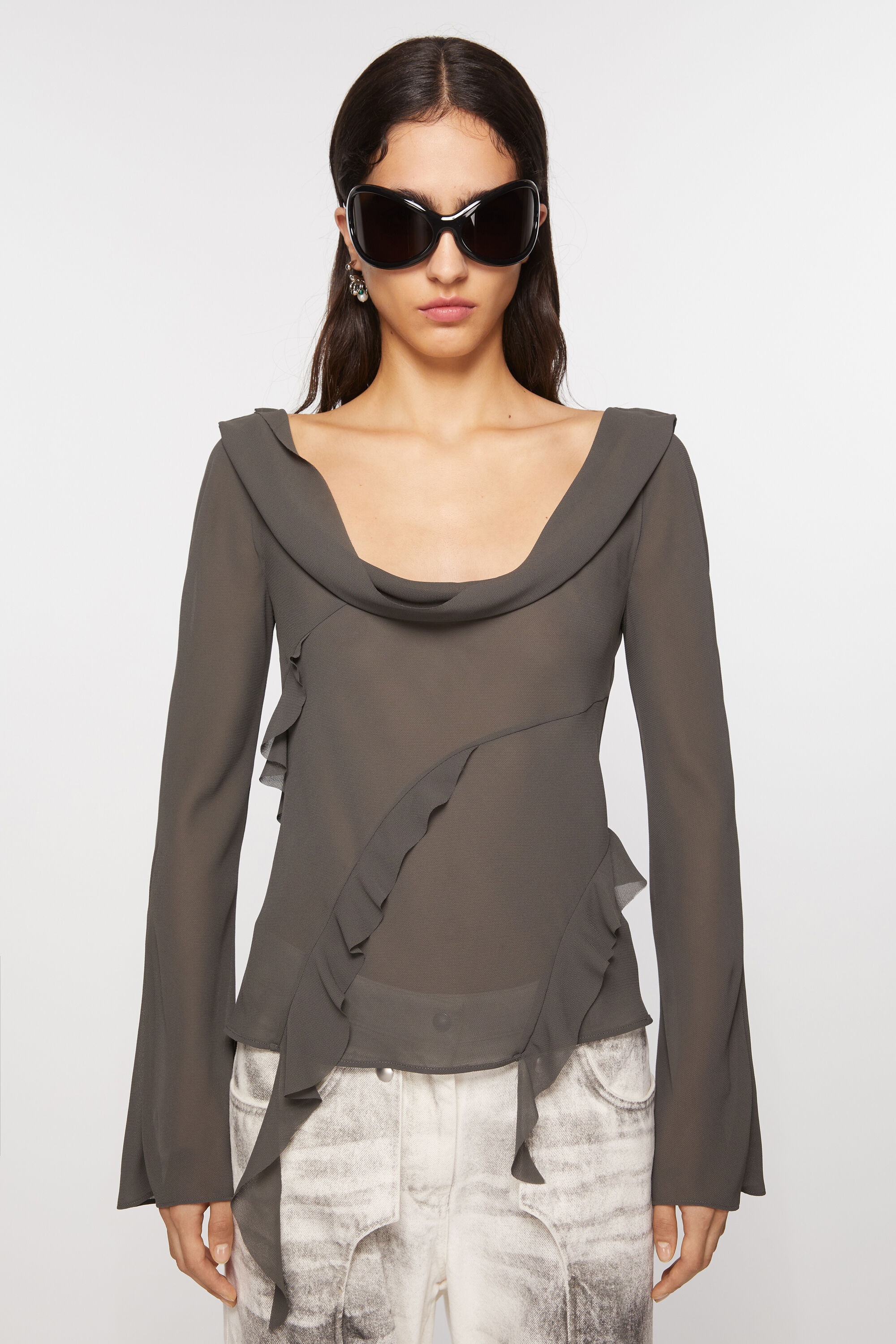 Ruffle draped top - Anthracite grey - 2