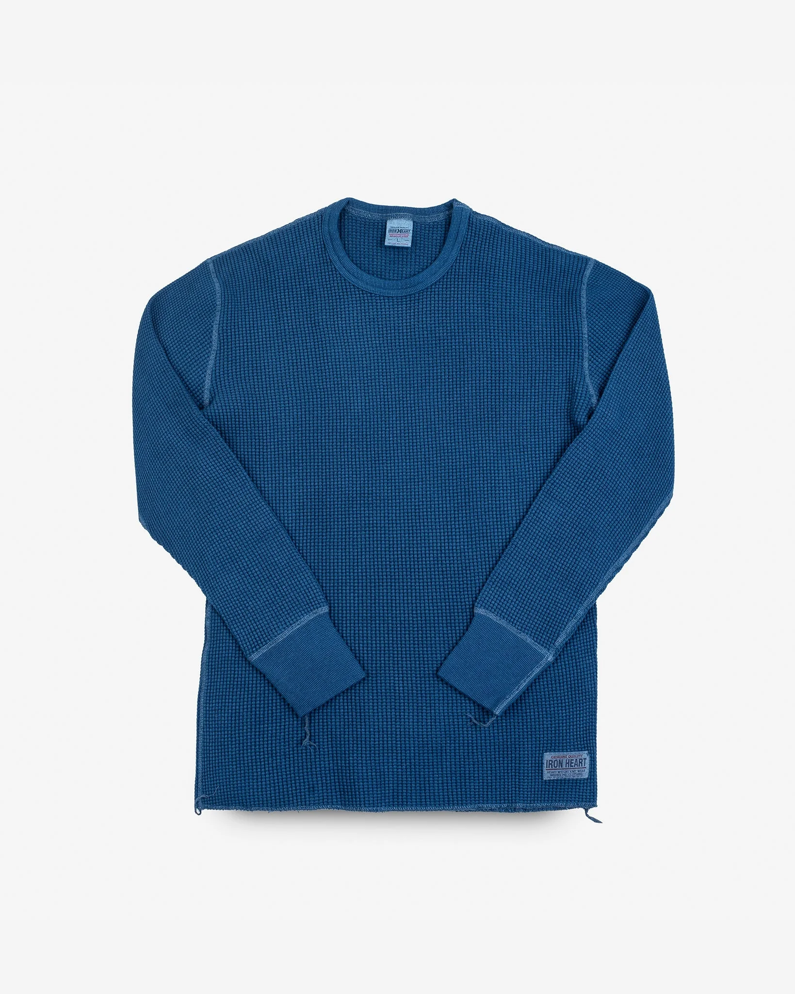 WAFFLE KNIT LONG SLEEVED CREW NECK THERMAL TOP - INDIGO DYED - 1