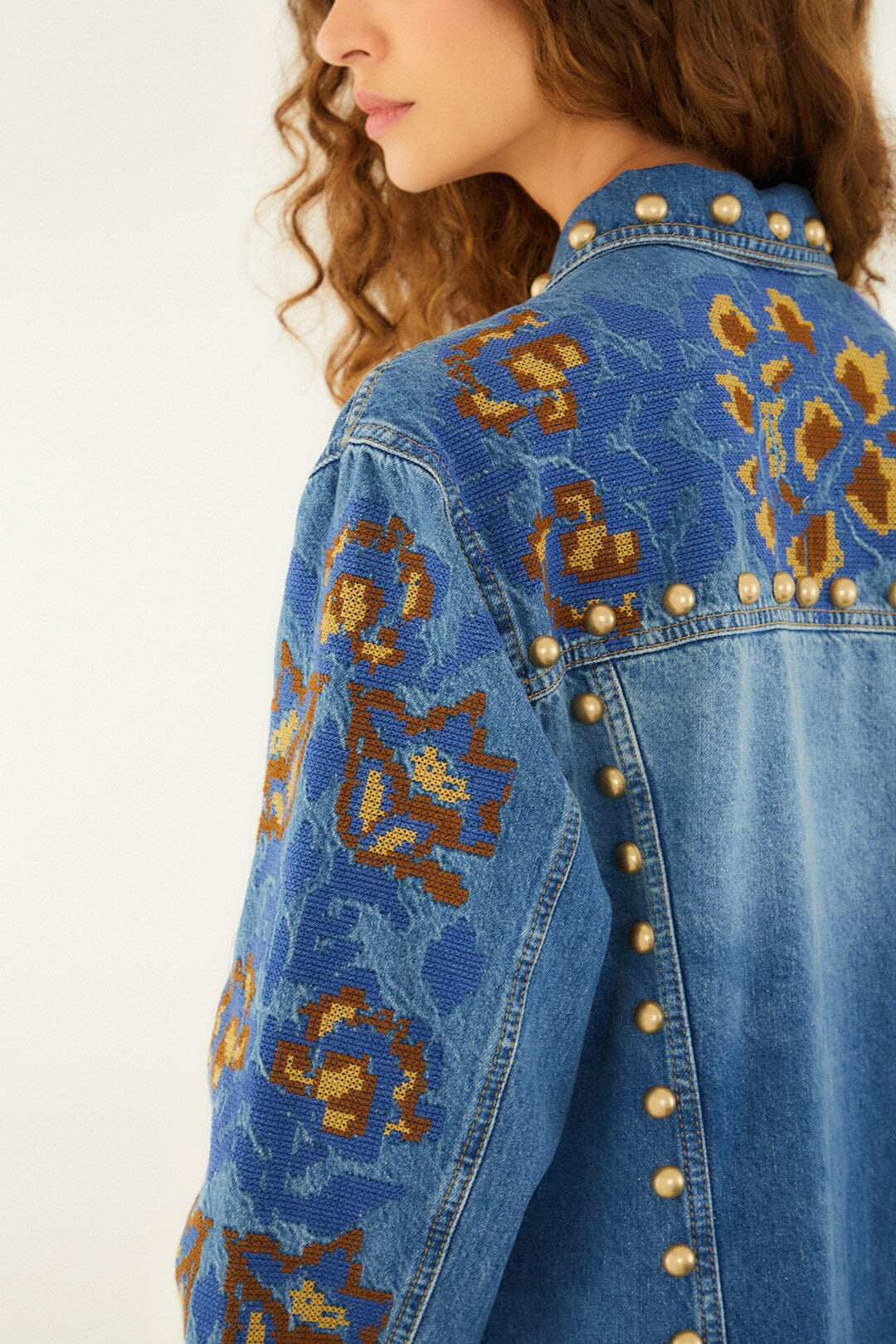 Denim Metal Details Embroidered Jacket - 5