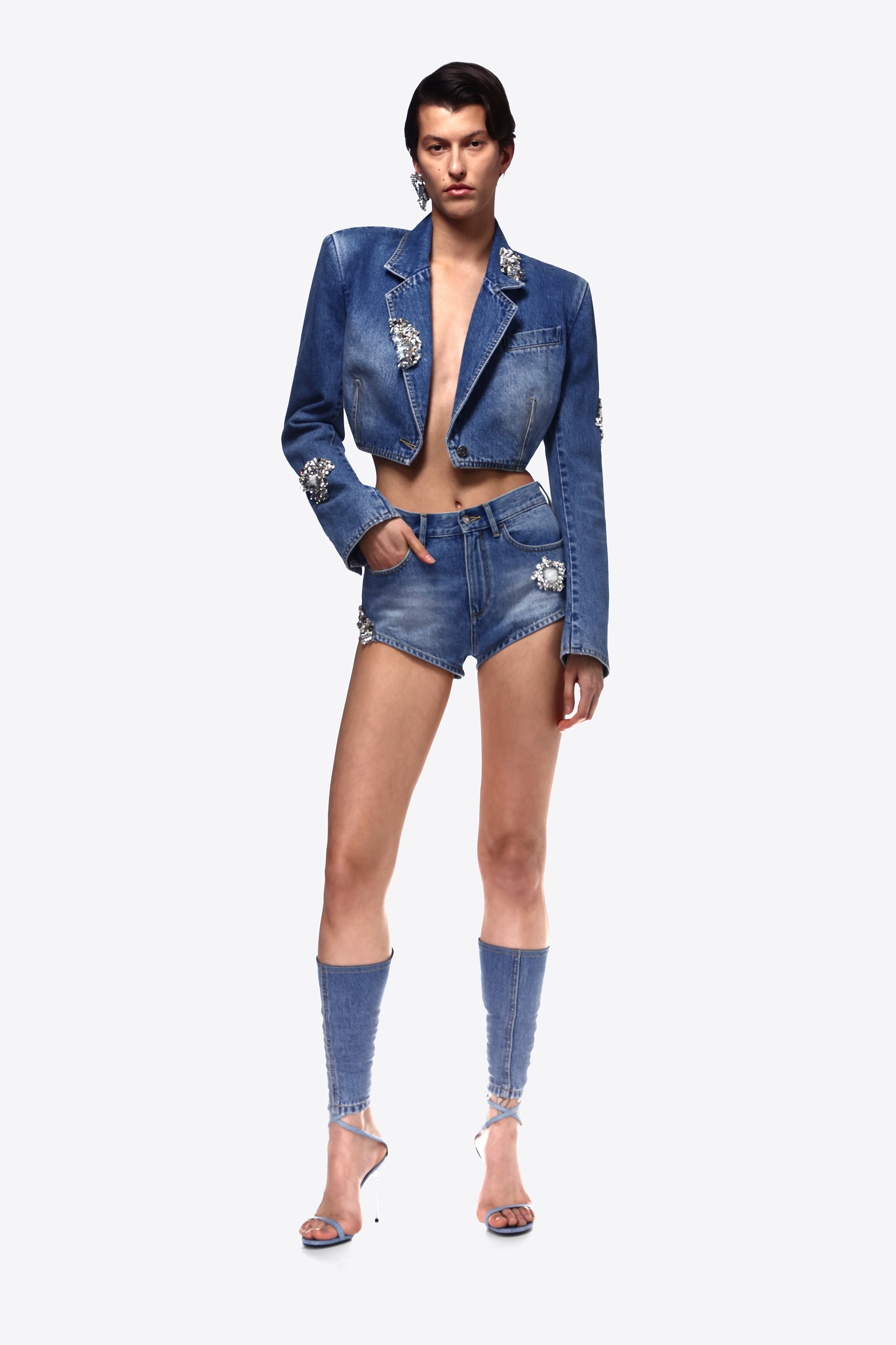 DISTRESSED CRYSTAL DENIM CROPPED BLAZER - 2