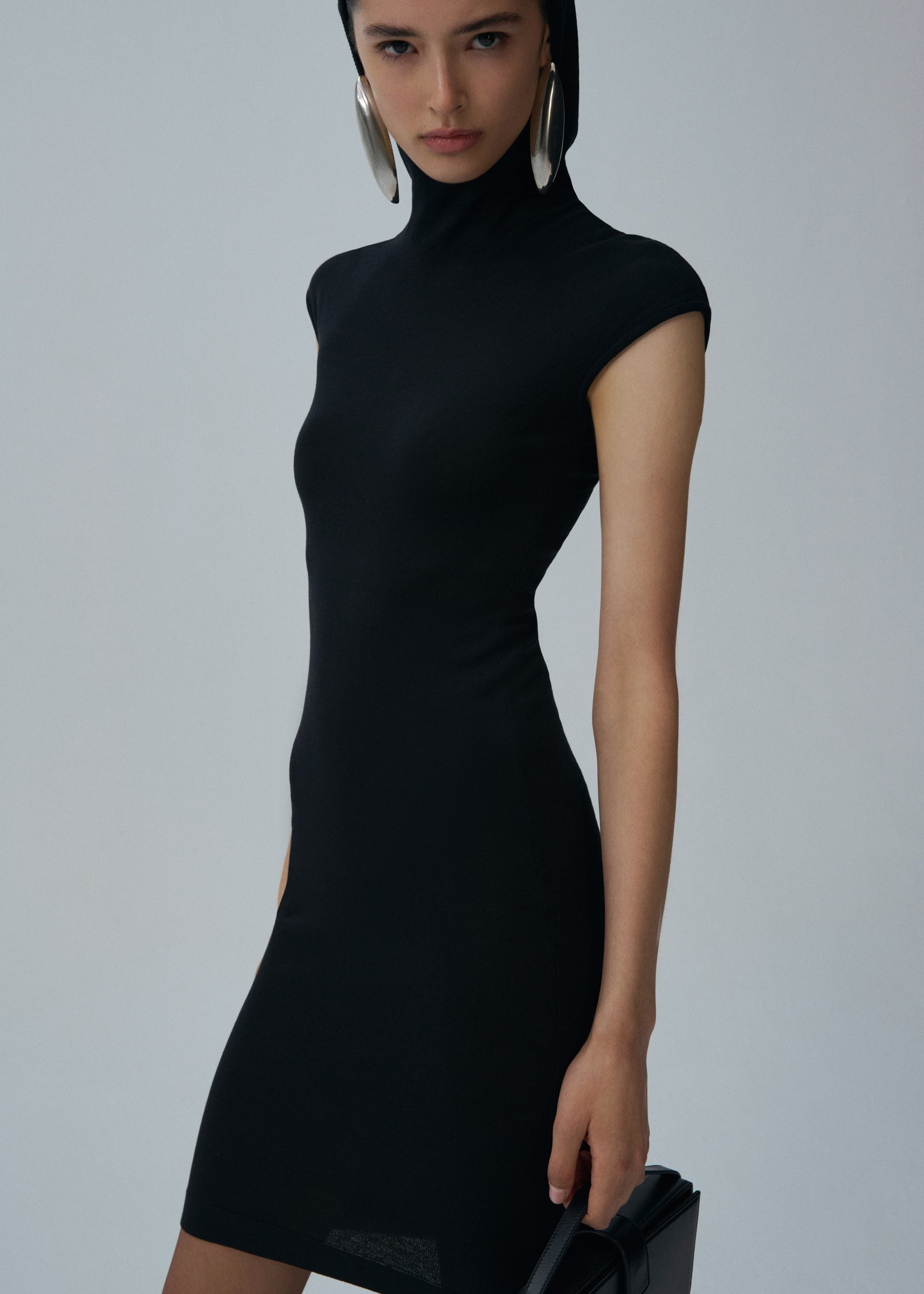 Hooded silk knitwear dress in black - 4