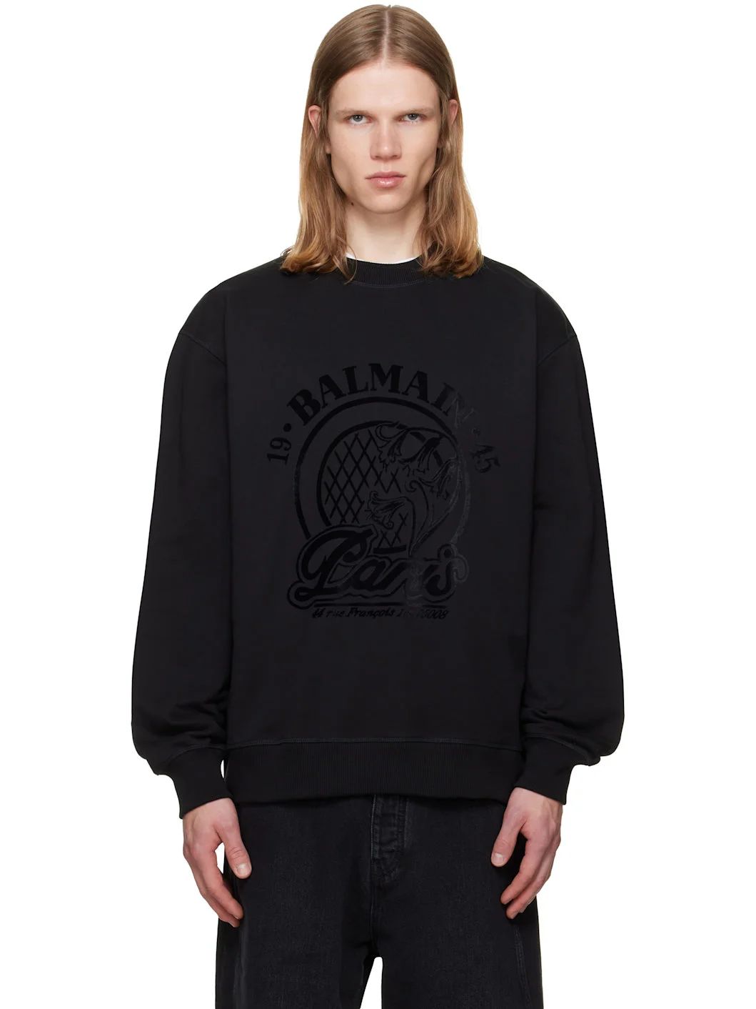 Black 'Balmain' Quilted Flock Sweatshirt - 1