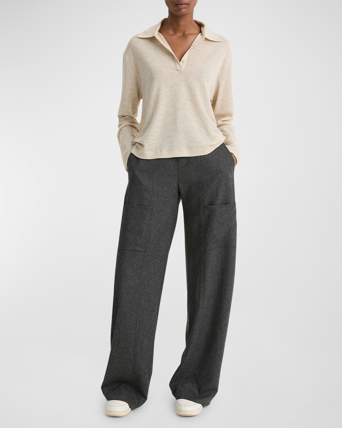 Relaxed Long-Sleeve Wool Polo Top - 2