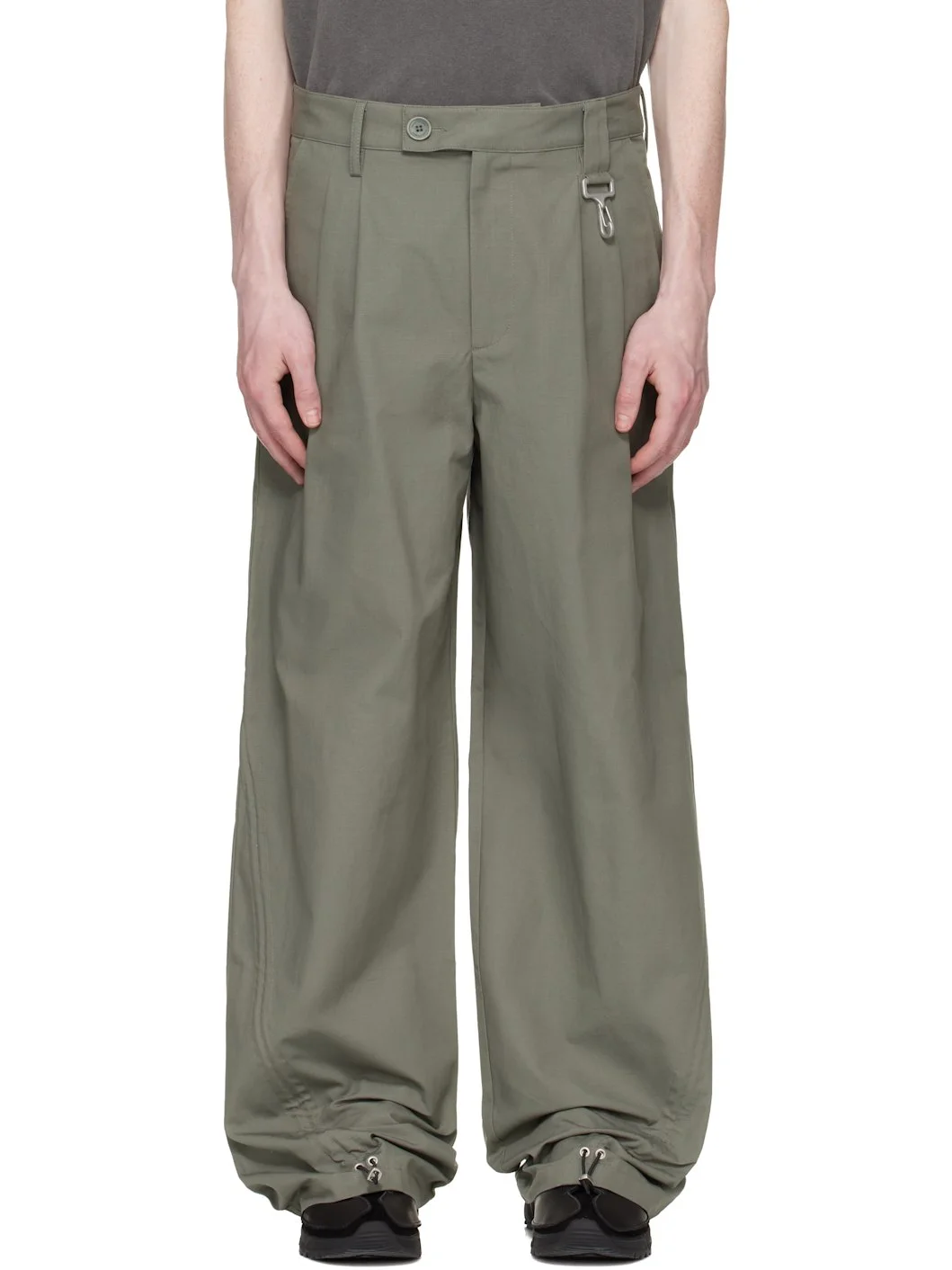 Khaki Cotton Ripstop Pleated Trousers - 1