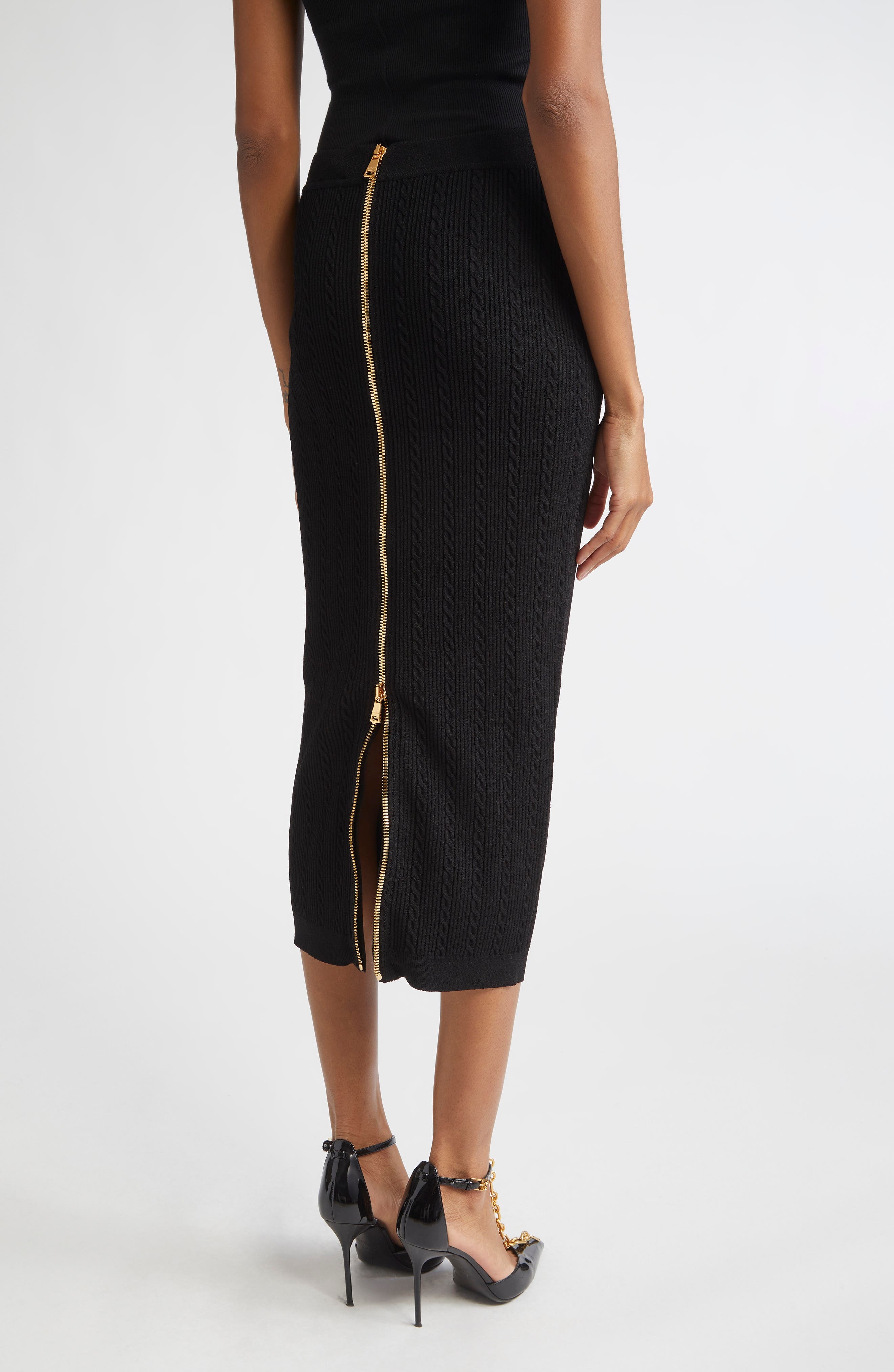 Balmain Torsade Button Detail Rib Cable Knit Midi Skirt in 0Pa Black at Nordstrom - 3