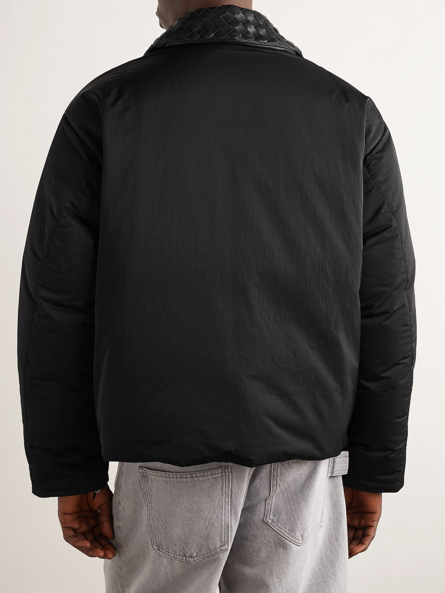 Intrecciato Leather-Trimmed Matte-Shell Down Jacket Black - 3