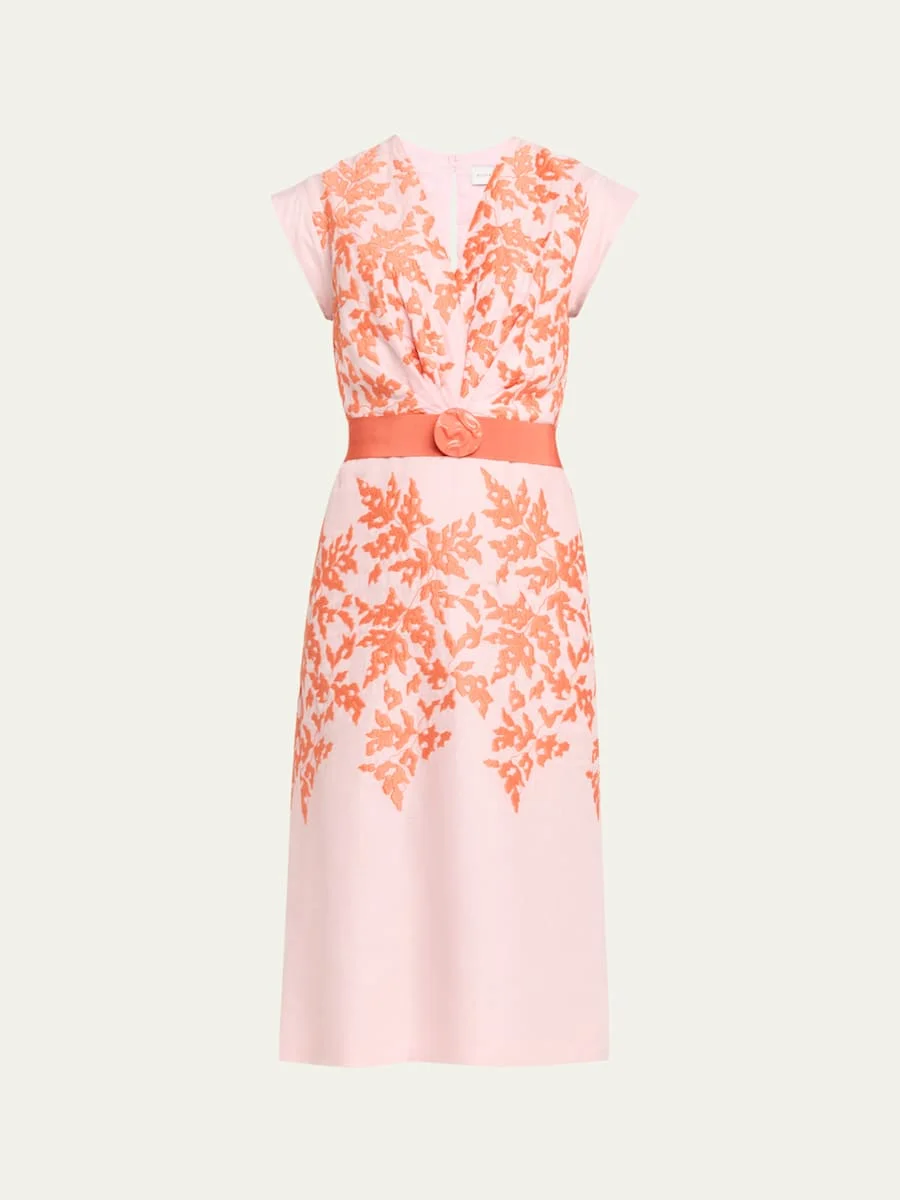 Olive Embroidered Linen Midi Dress With Belt - 1