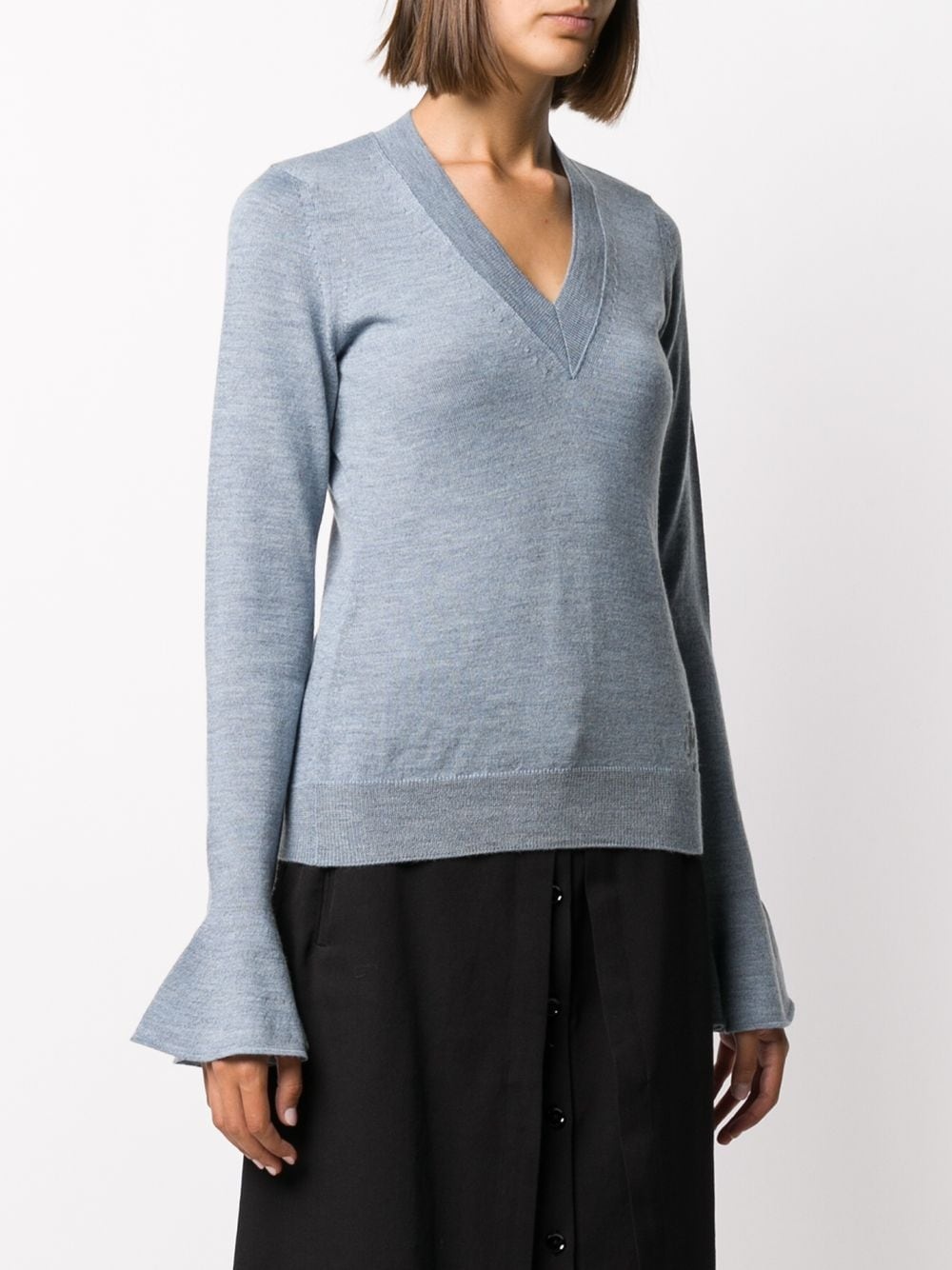 flared cuff V-neck jumper - 3