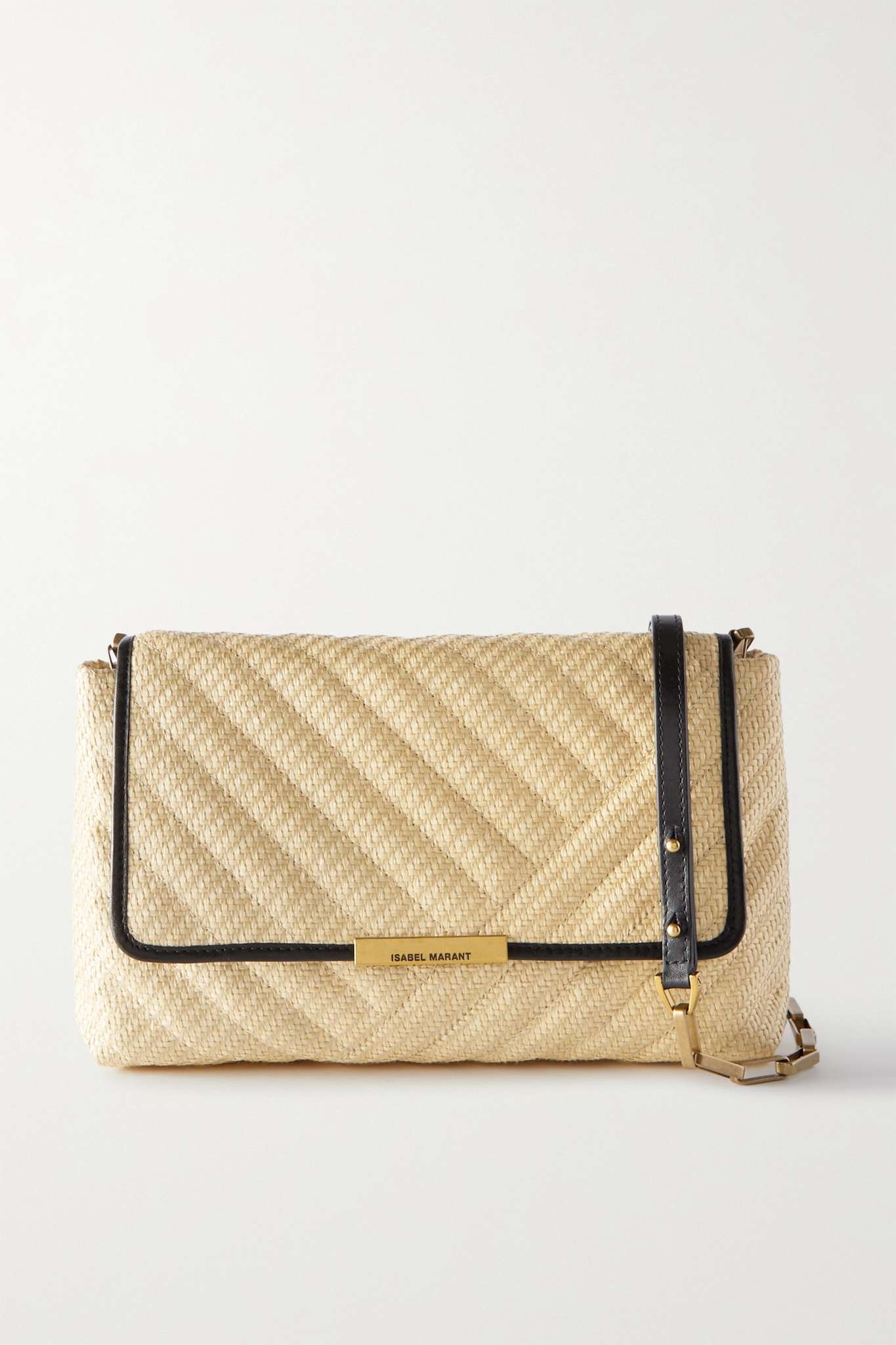 Merine leather-trimmed quilted straw shoulder bag - 1