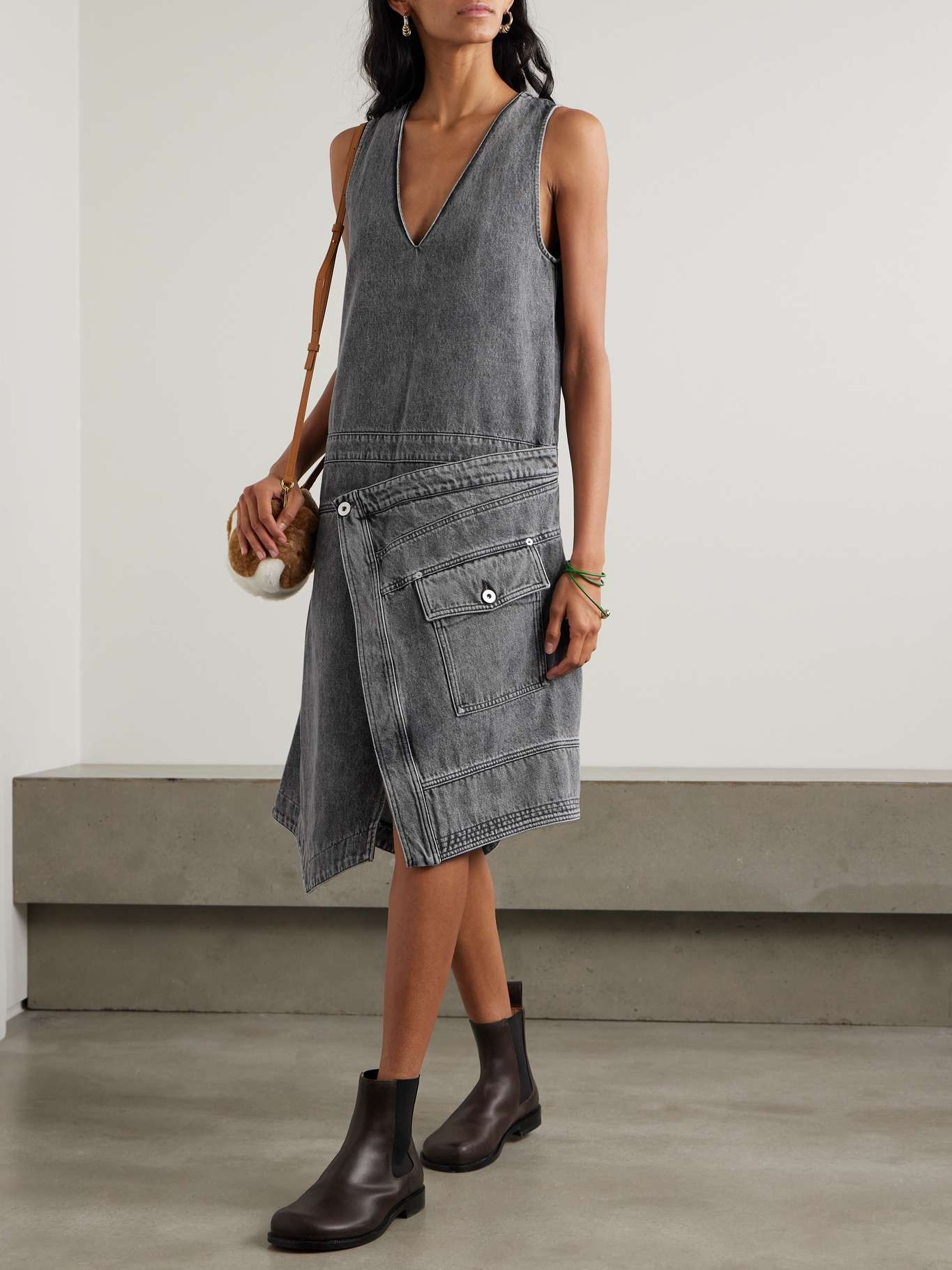 Asymmetric wrap-effect denim midi dress Gray - 2
