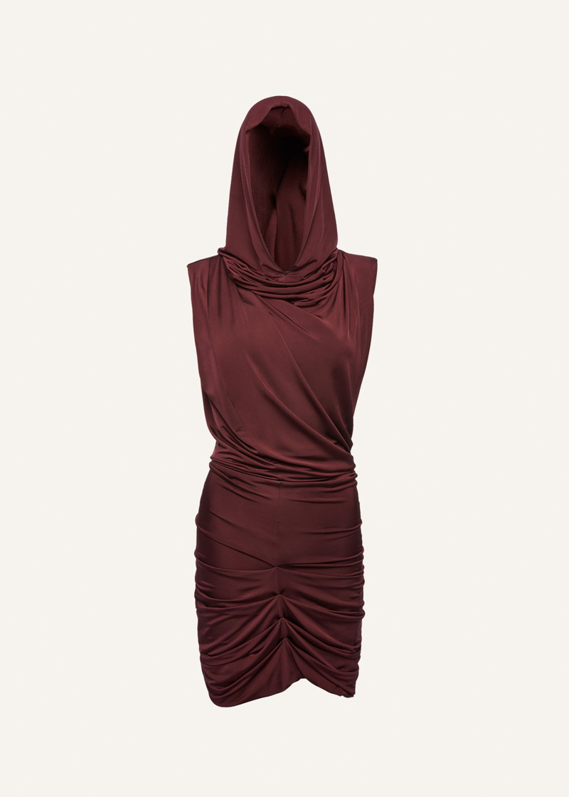 Hooded drape dress in burgundy - 1