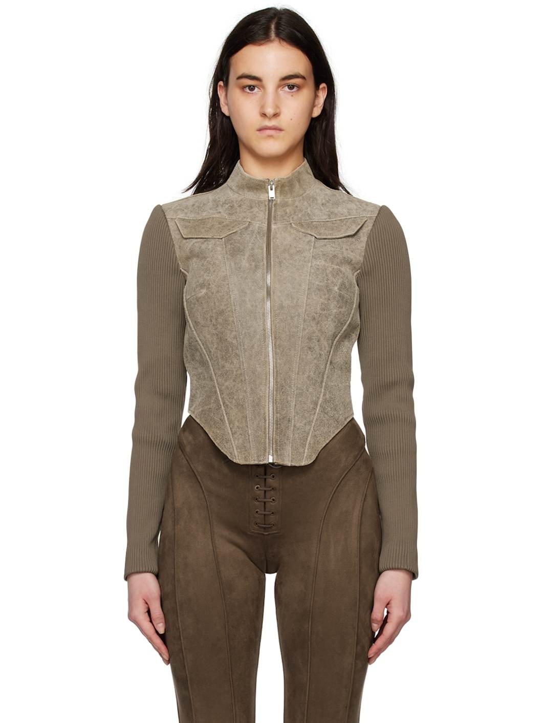 Taupe Cracked Leather Jacket - 1