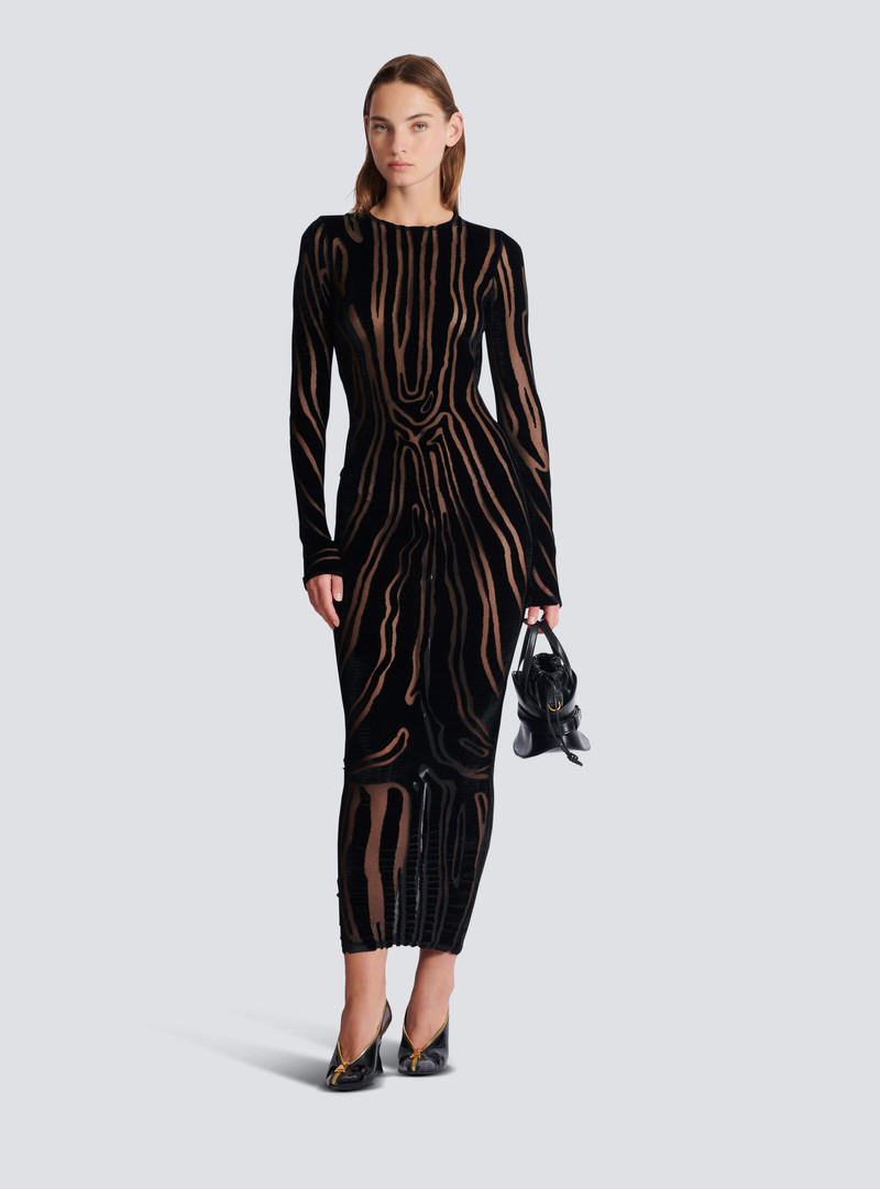 Balmain Long zebra-print velvet dress outlook