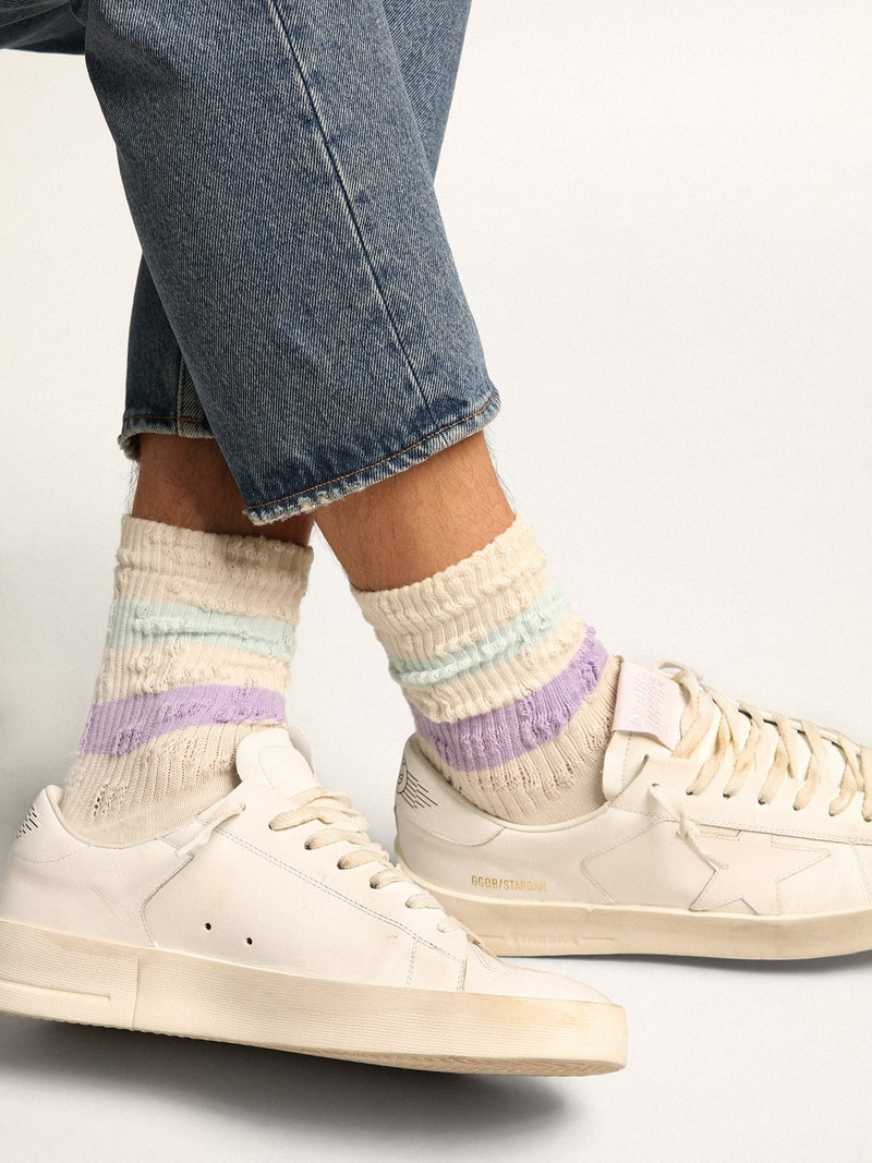 Distressed-finish white socks with lilac and baby blue stripes 4
