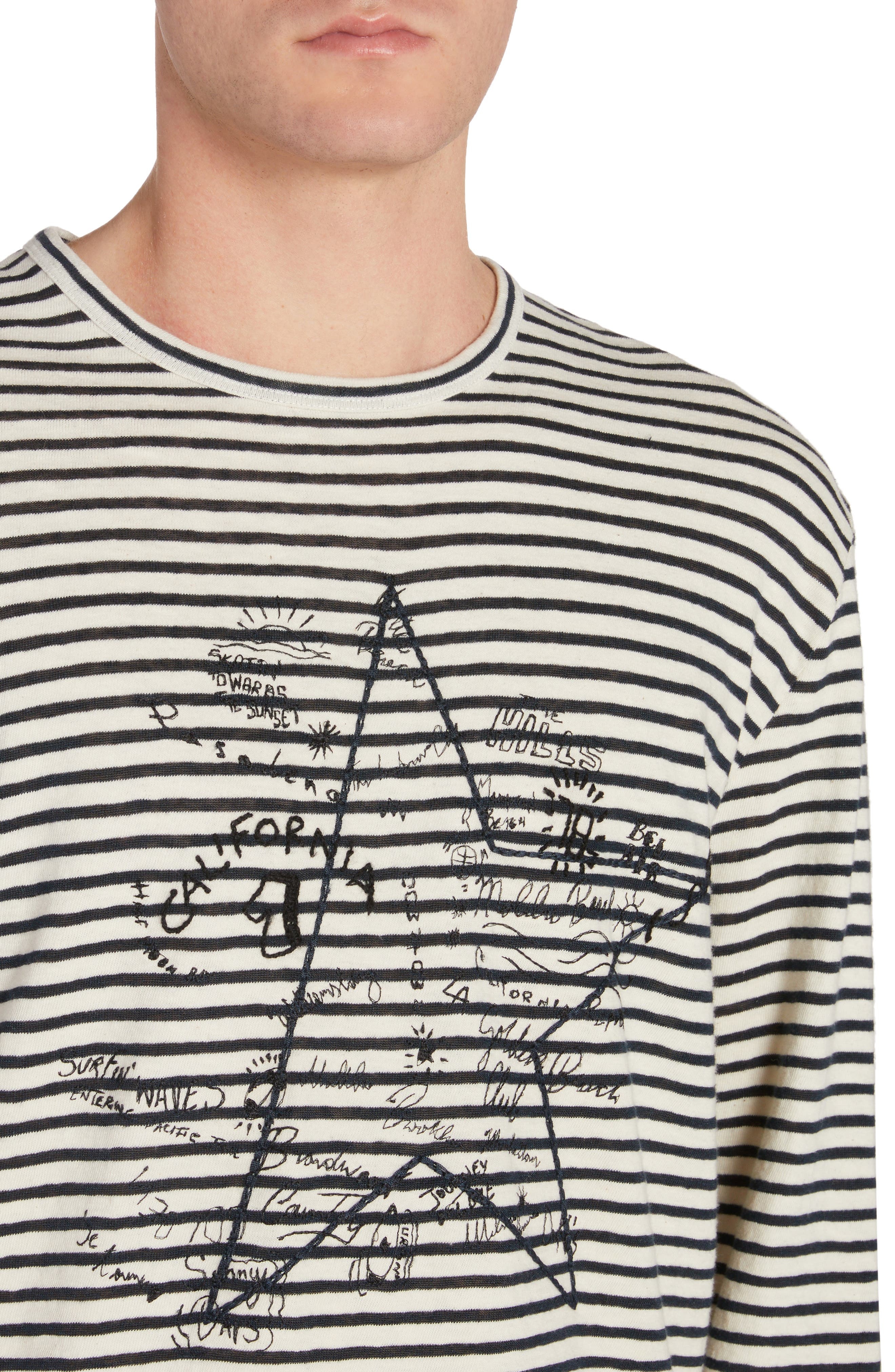 Golden Goose Embroidered Graffiti Stripe Cotton & Linen Long Sleeve T-Shirt in Ecru/Mazarine Blue at - 4
