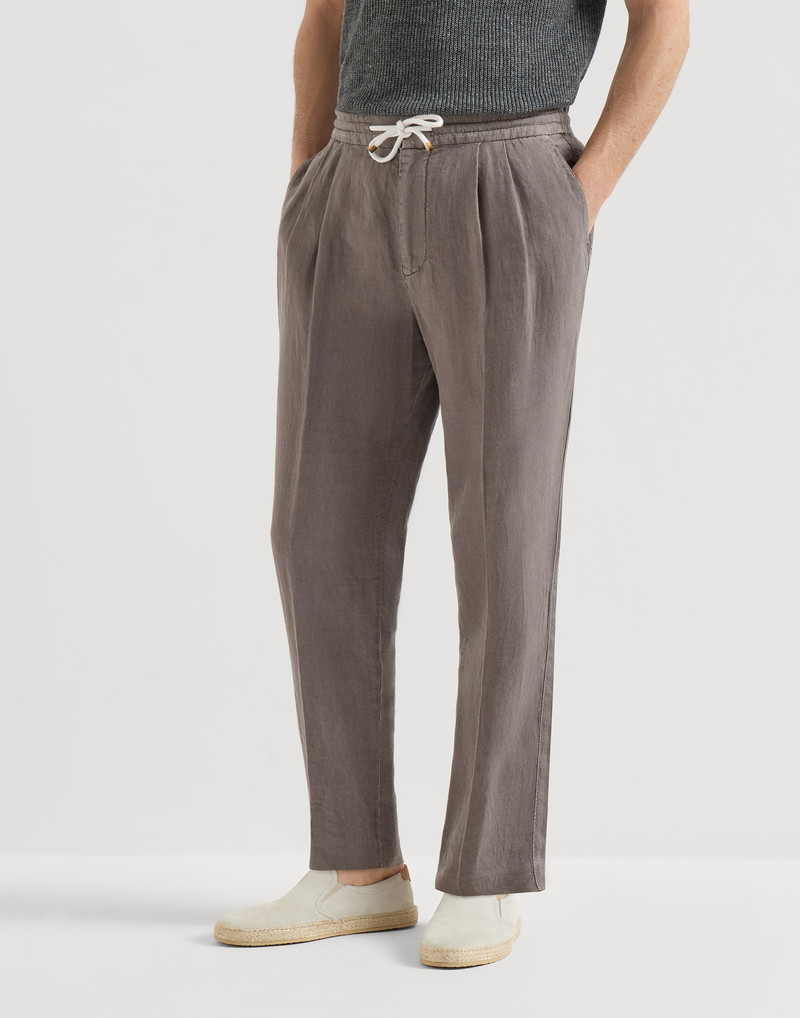 Garment-dyed trousers in linen gabardine with drawstring and double pleats 2