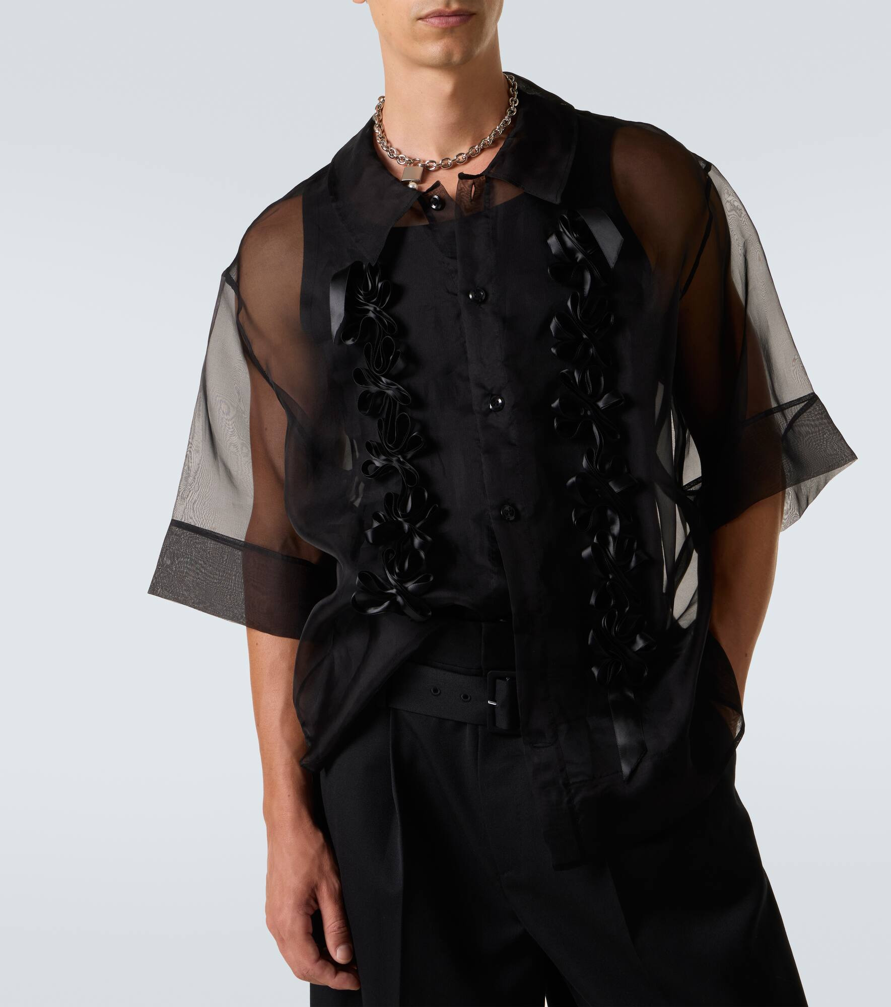 Floral-appliqué sheer silk shirt - 5
