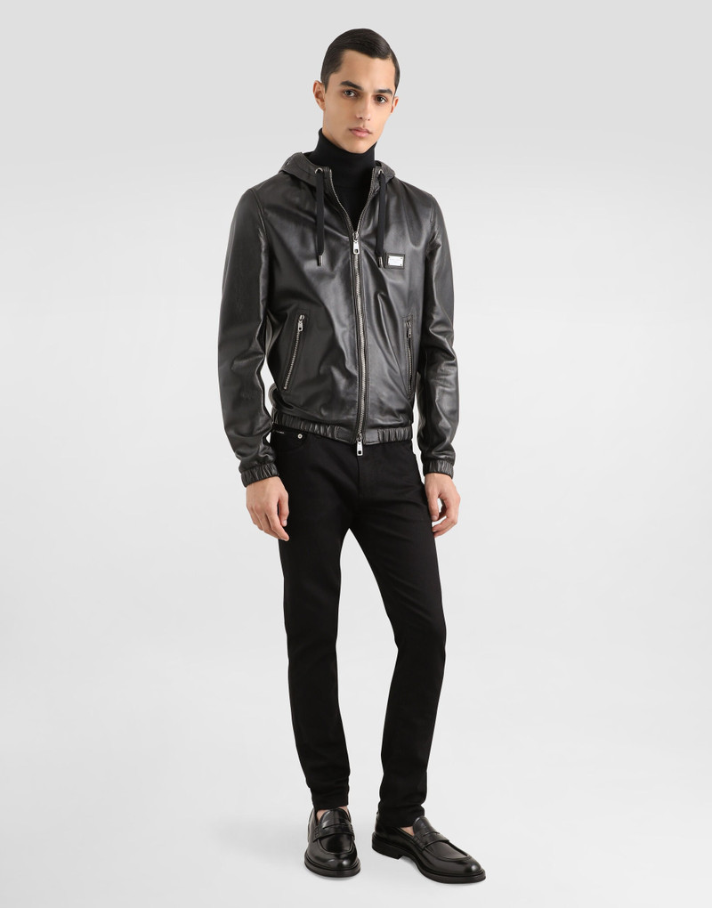 Dolce & Gabbana Leather jacket with hood and branded tag outlook