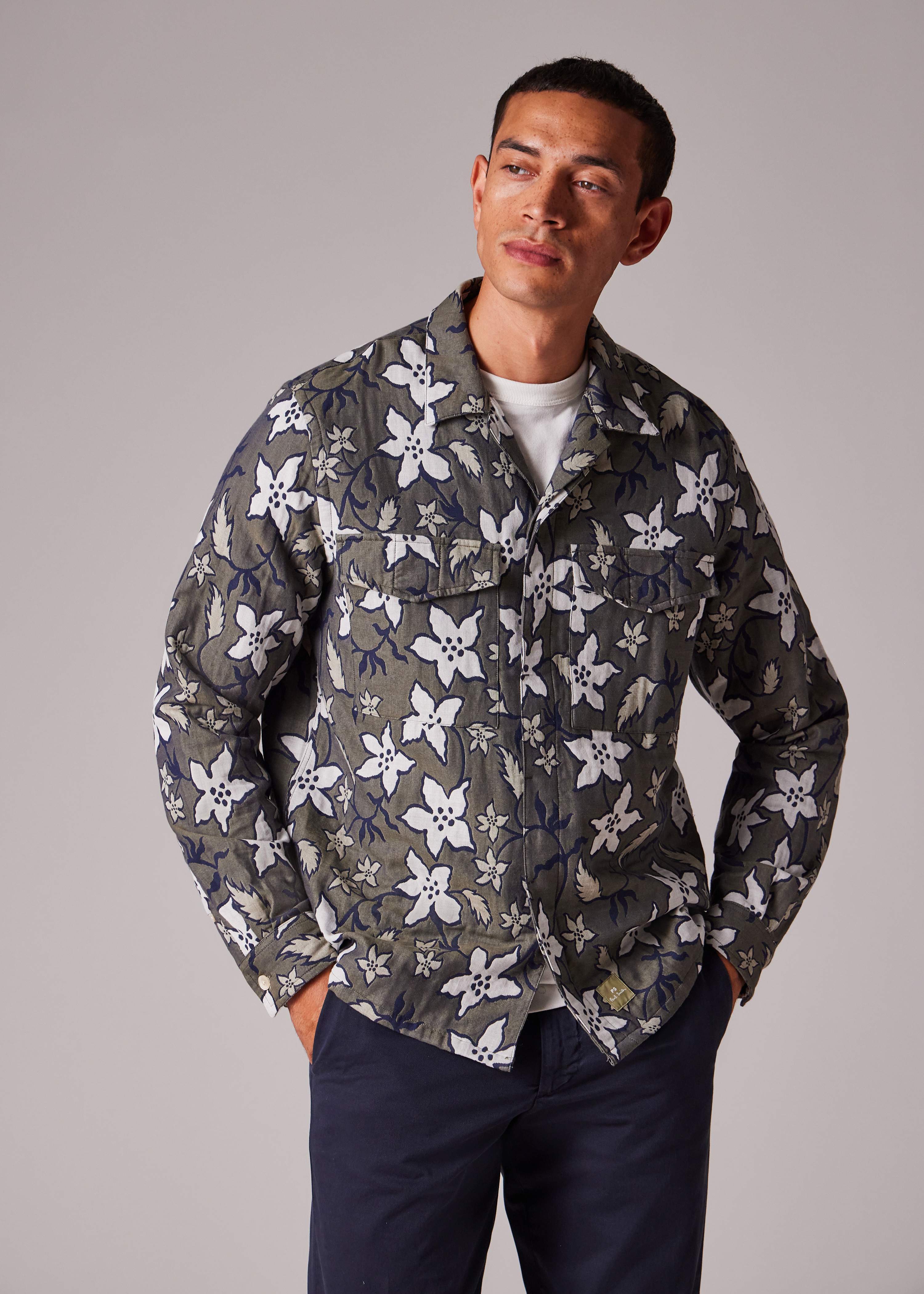 Khaki Floral Double-Face Cotton Shirt - 4