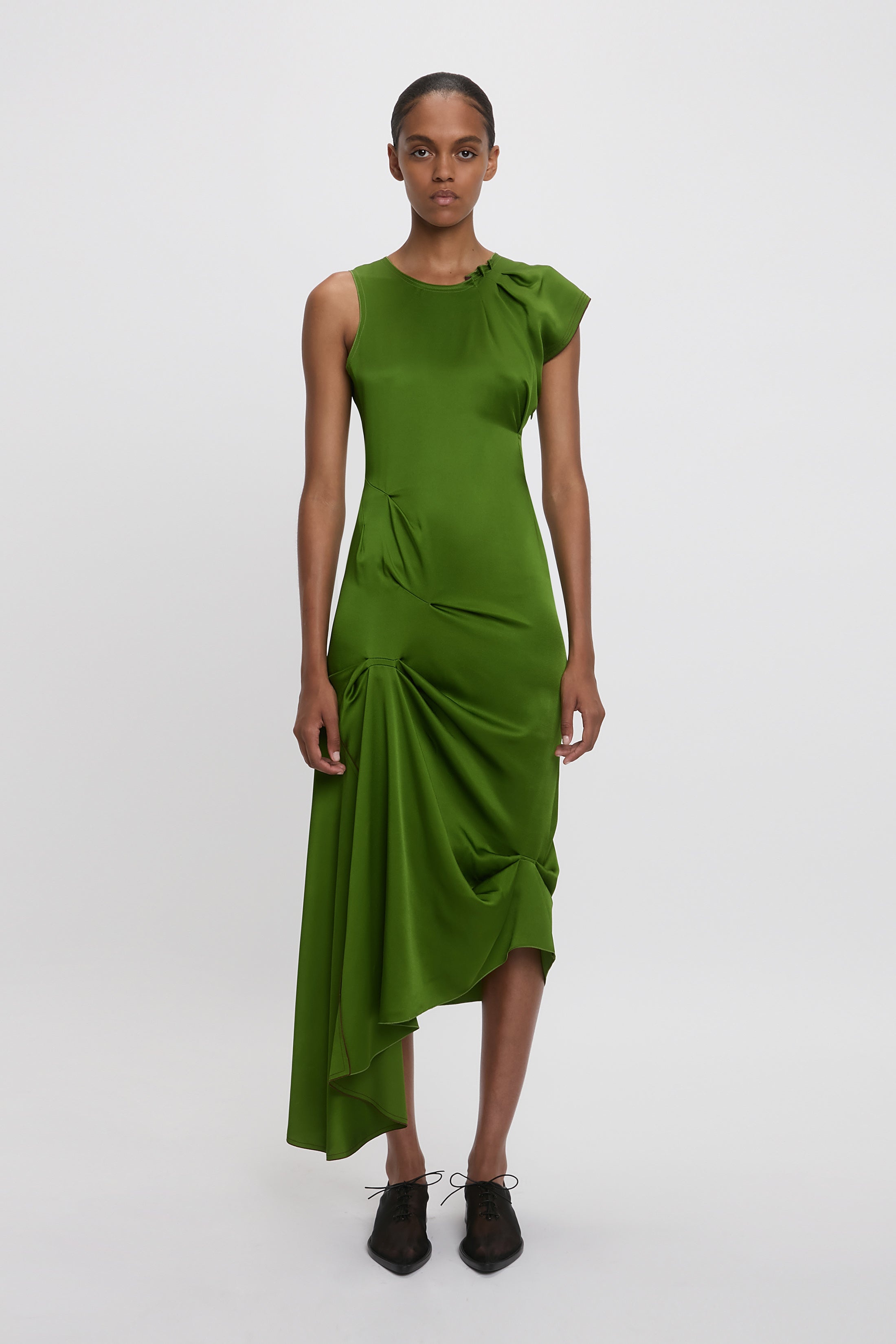 Draped Tuck Detail Midi Dress in Algae Green - 2