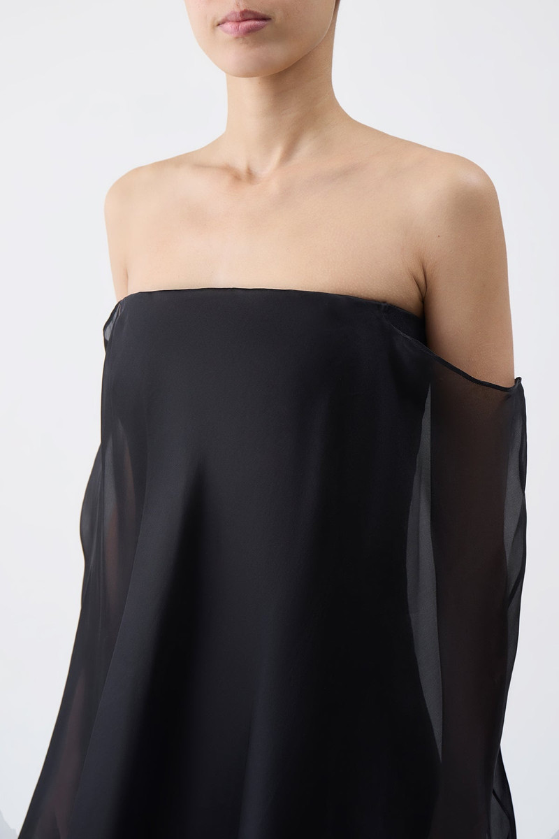 Marisha Dress in Black Textured Linen with Silk Organza Sheer Cape 5