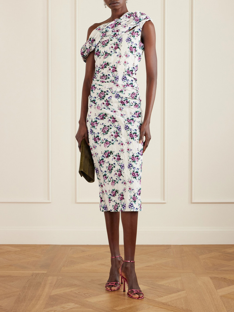TORY BURCH One-shoulder Ruched Ruffled Floral-print Cotton-velvet Midi Dress outlook