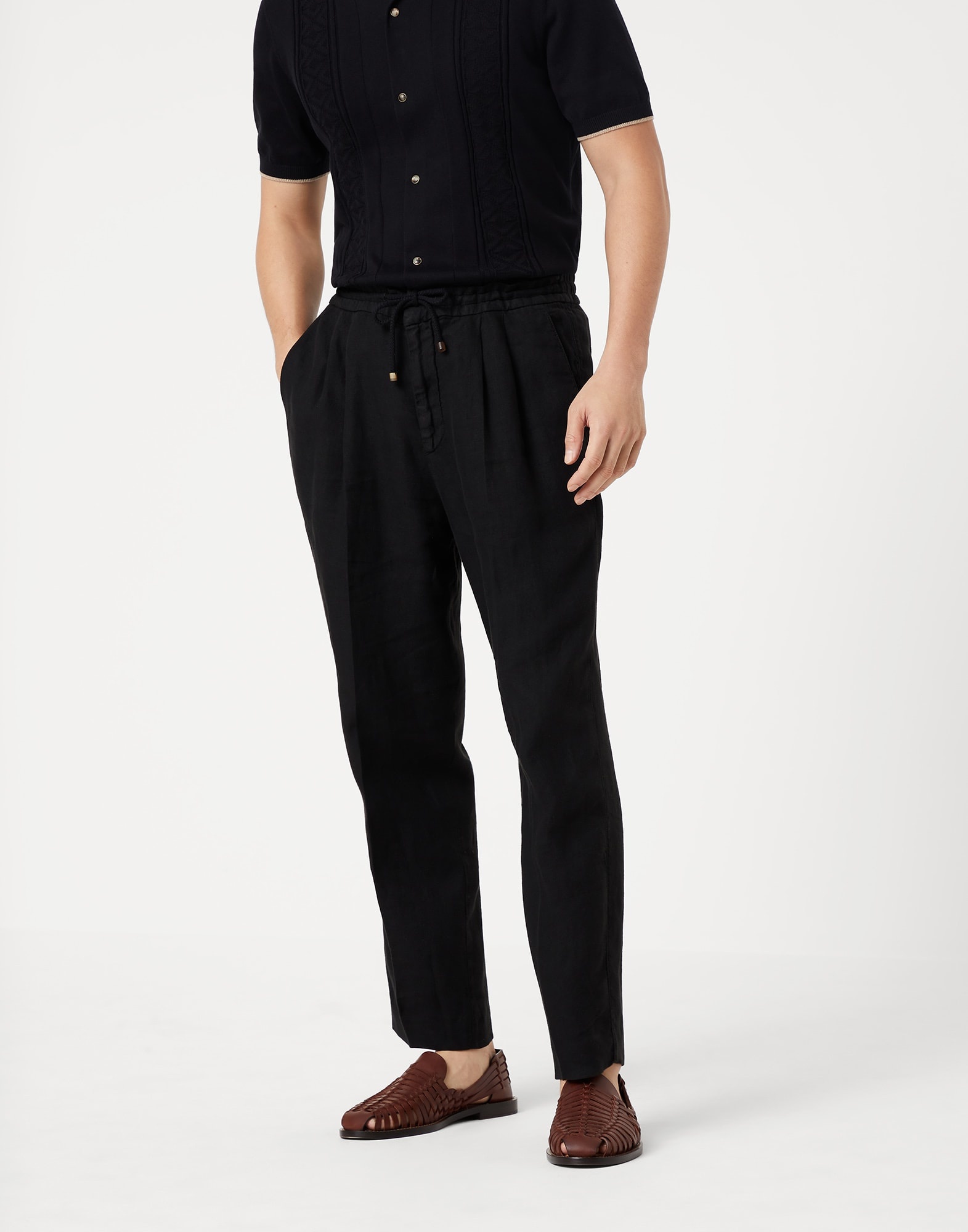 Garment-dyed leisure fit trousers in linen gabardine with drawstring and double pleats - 1