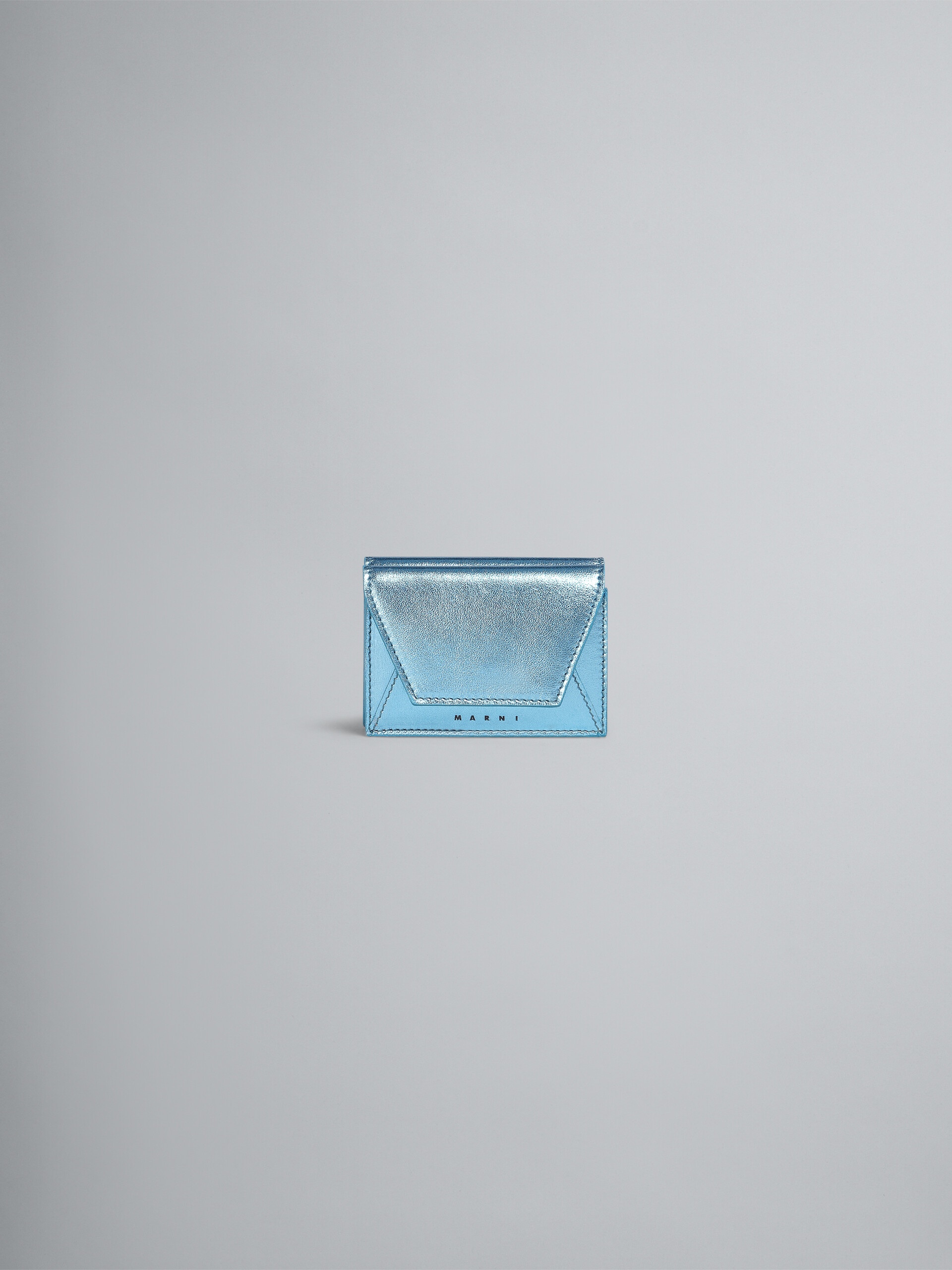 PALE BLUE METALLIC LEATHER TRI-FOLD WALLET - 1