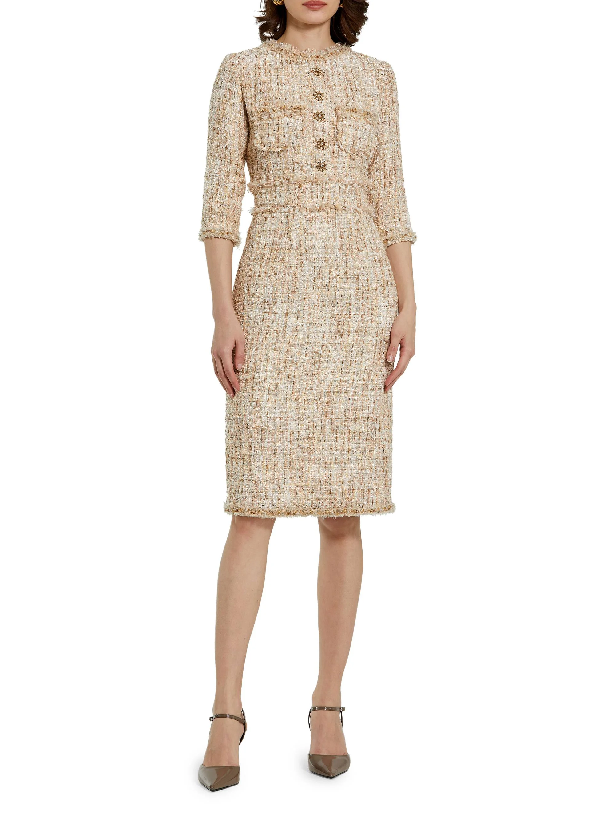 Women's Beaded-Trim Tweed Midi-Dress - Blush - 1