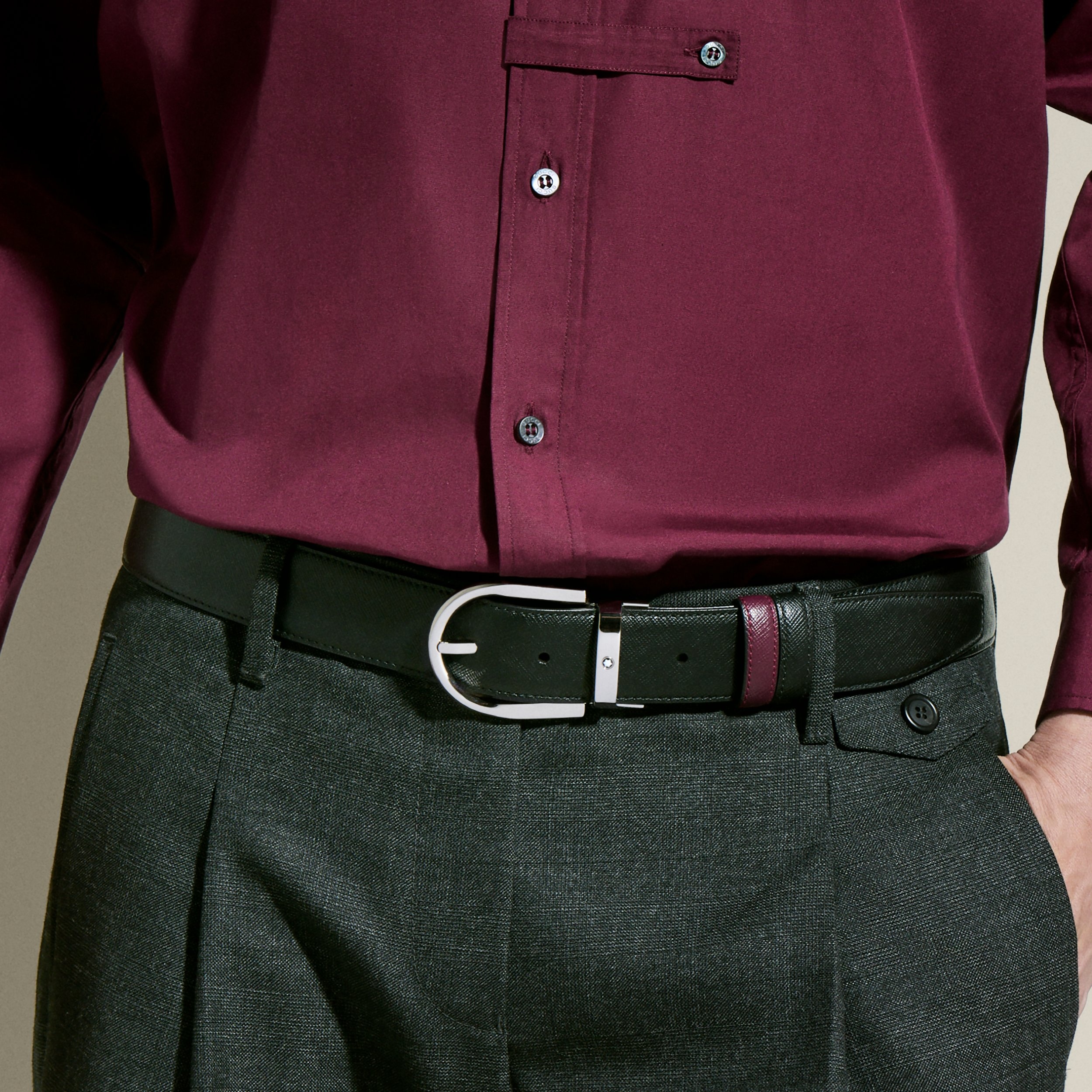 Horseshoe buckle black/cassis 35mm reversible leather belt - 2