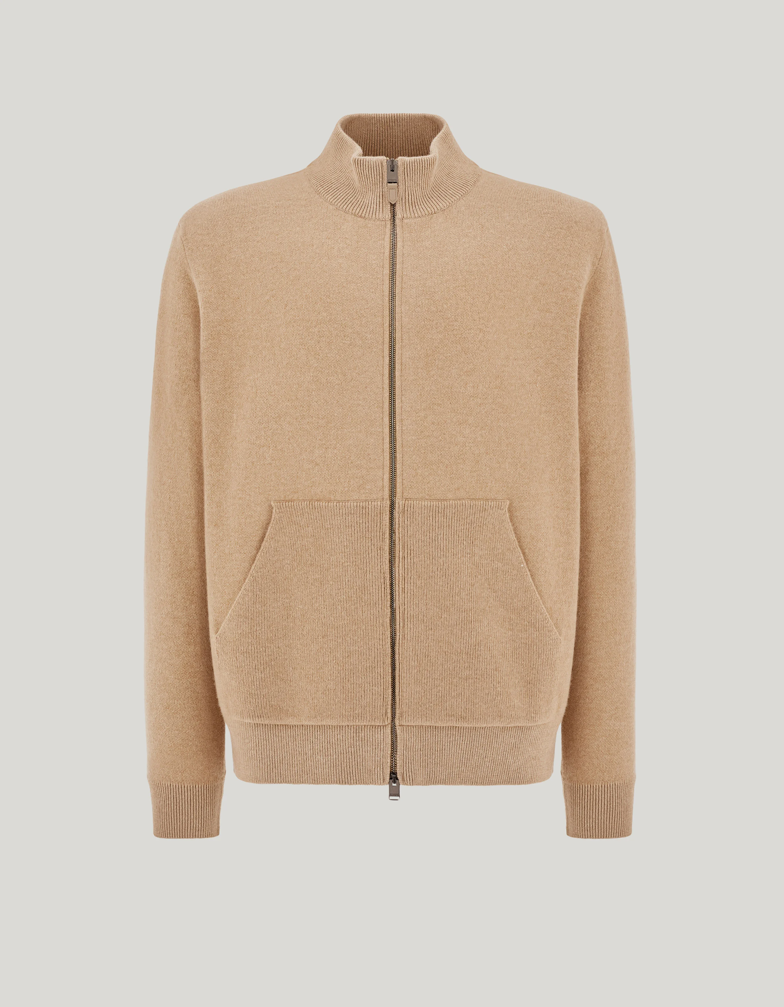 CAMEL WOOL, COTTON AND CASHMERE FULL-ZIPPERED STRAIGHT-CUT SWEATSHIRT - 1